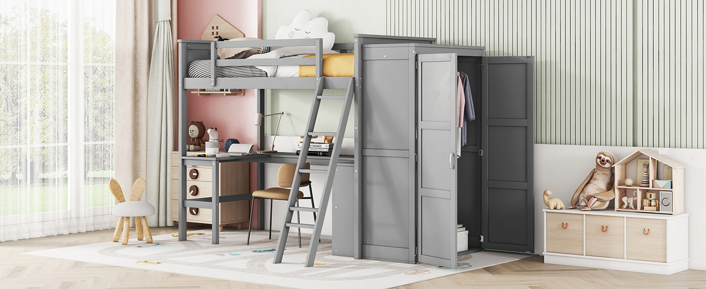 Twin size Loft Bed with Desk, Shelves and Wardrobe-Gray