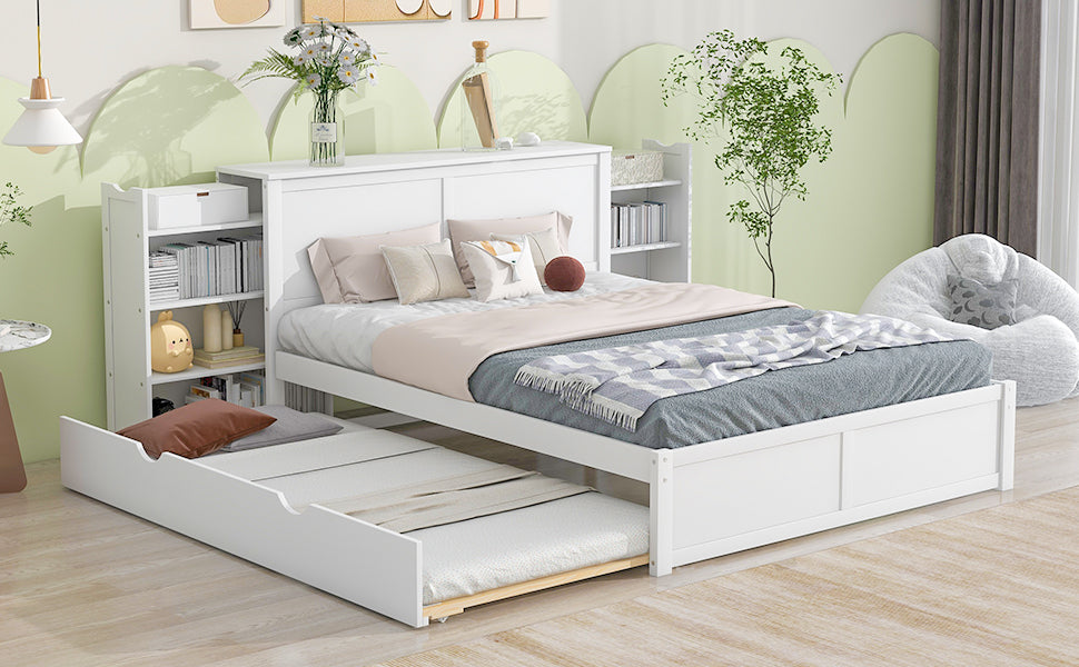 Queen Size Storage Platform Bed with Pull Out Shelves and Twin  XL Size Trundle, White