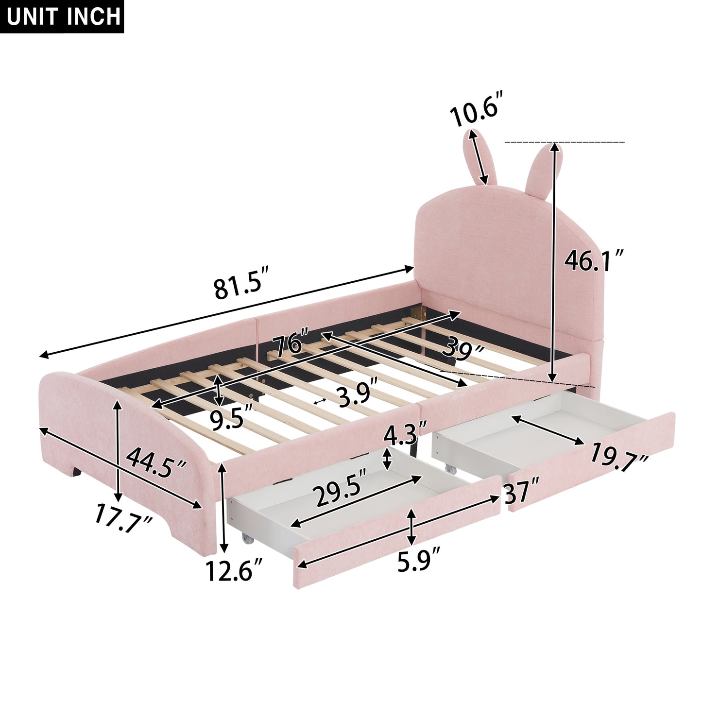 Twin Size Upholstered Platform Bed with Cartoon Ears Shaped Headboard and 2 Drawers, Pink