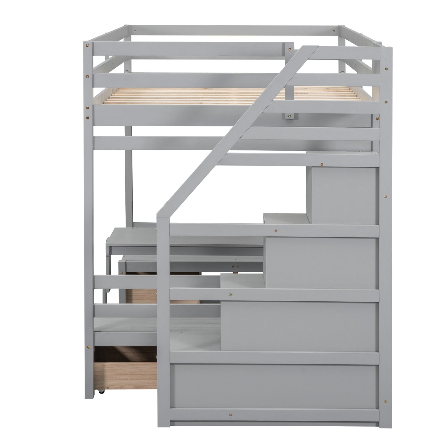 Full over Full Size Bunk with staircase,the Down Bed can be Convertible to Seats and Table Set,Gray