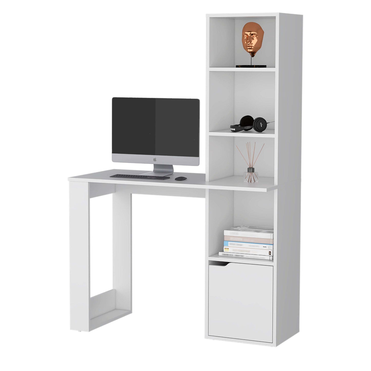 White Computer Desk with Built-In Bookcase and Cabinet for Organization