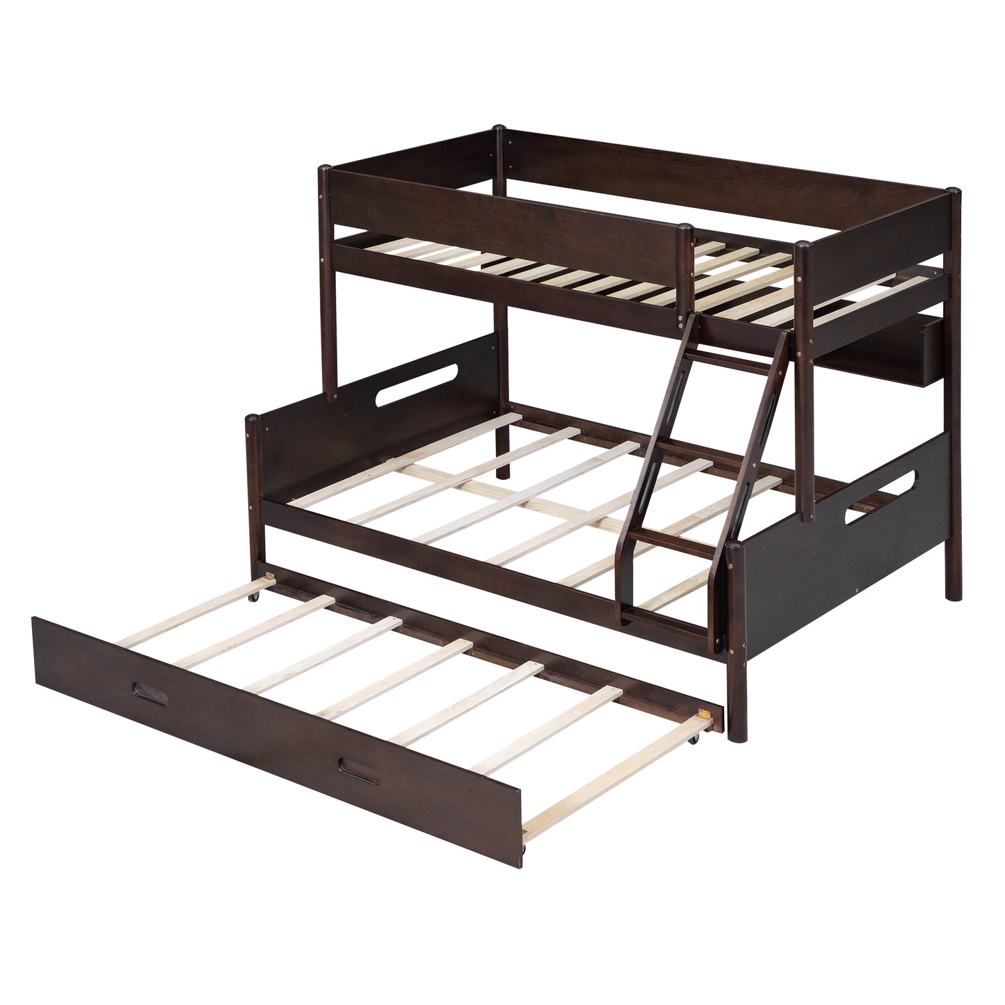 Espresso Wood Bunk Bed with Twin Over Full, Storage Shelves, Trundle, and Sturdy Construction