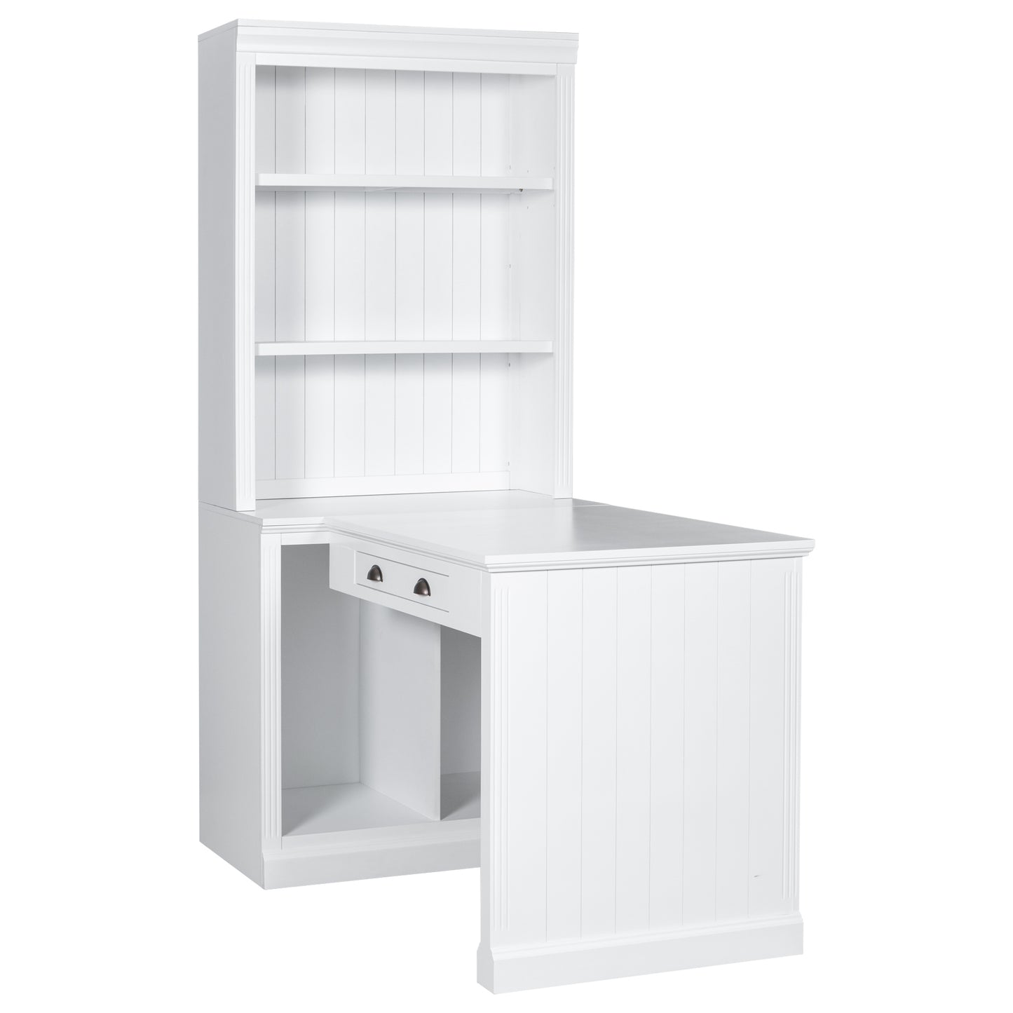 Modern White 83.4 Bookshelf and Writing Desk Suite with LED Lighting and Drawers