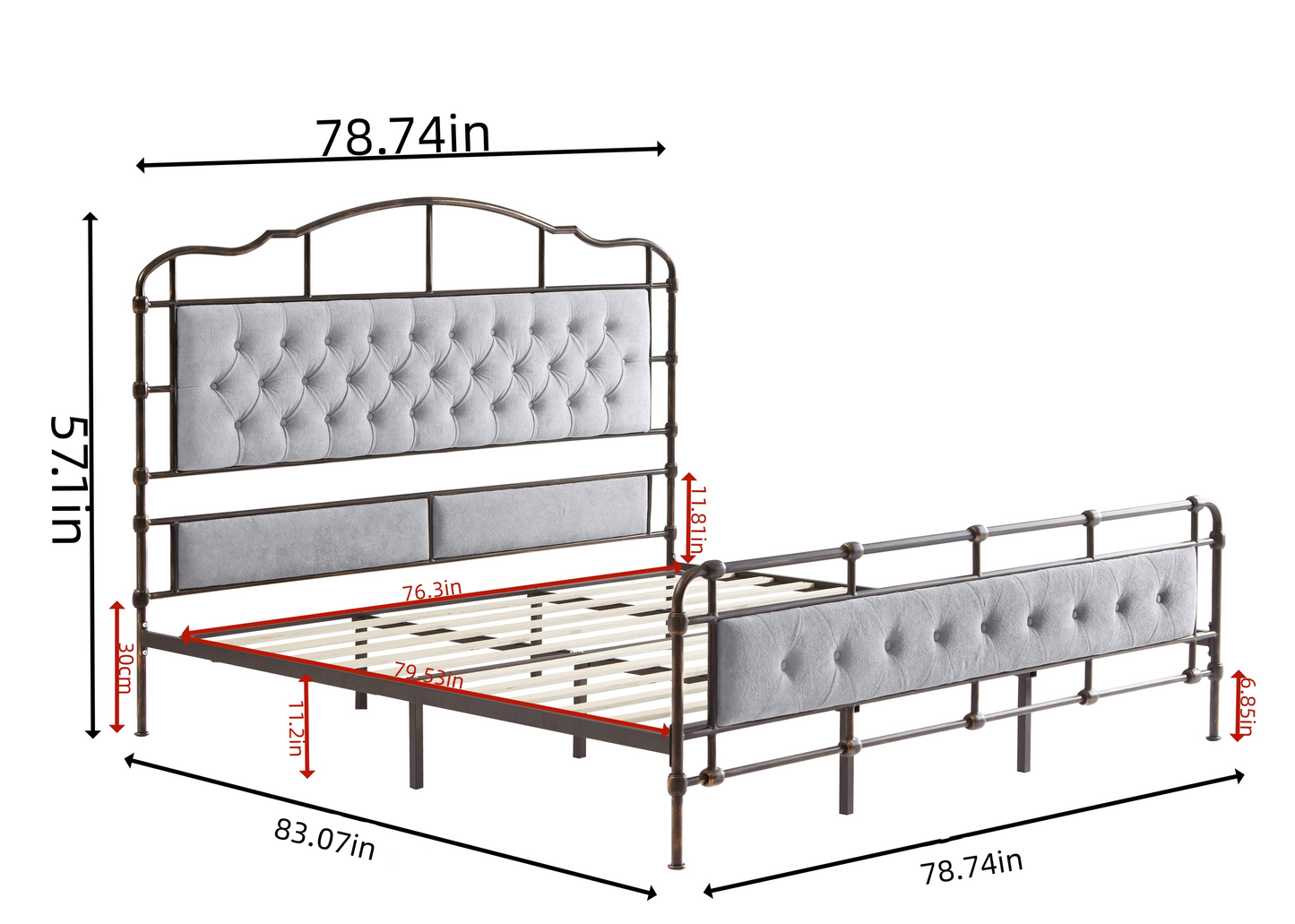 King size High Boad Metal bed with soft head and tail, no spring, easy to assemble, no noise