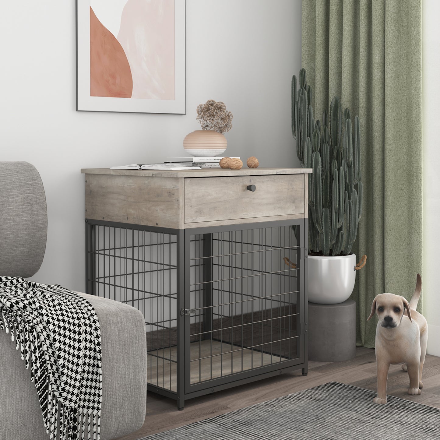 Furniture Style Wood Dog Crate End Table with Storage Console. Grey, 19.69'' W x 22.83'' D x 26.97'' H.