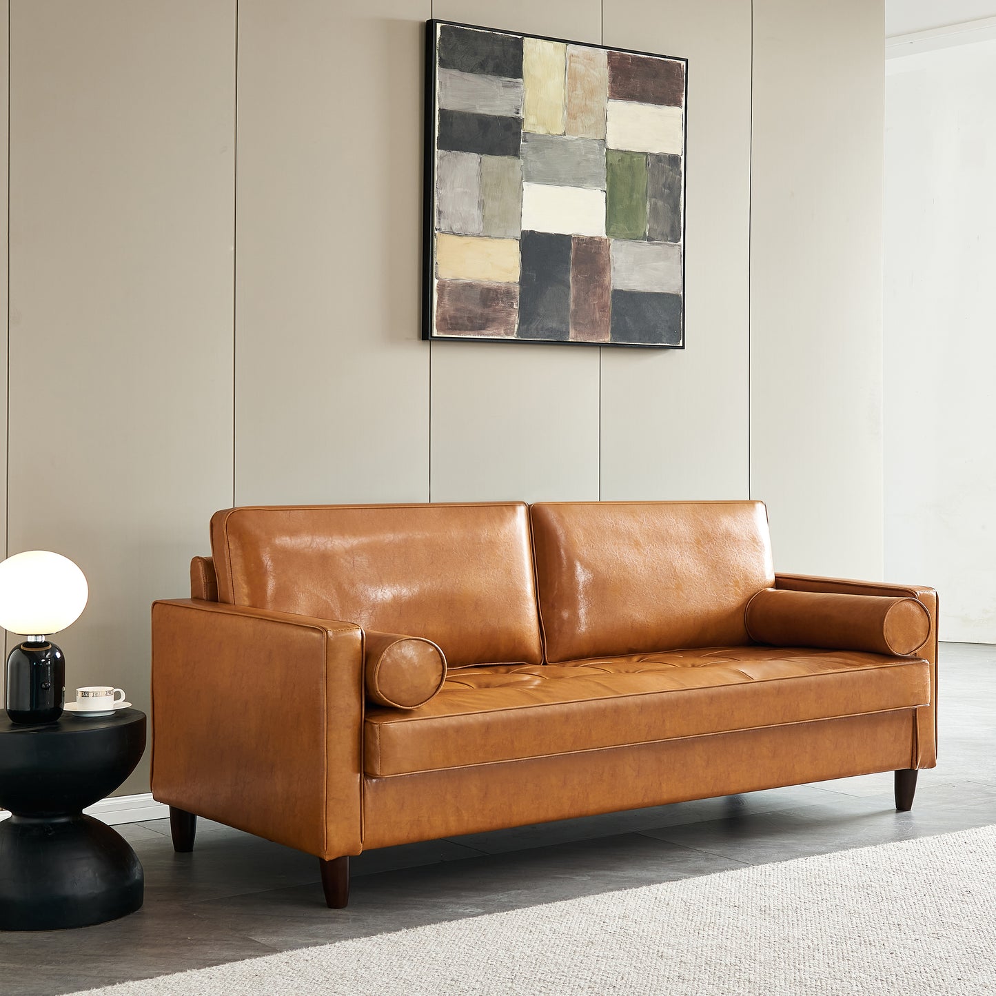 Modern Mid-Century Vegan Leather Sofa （Mocha）