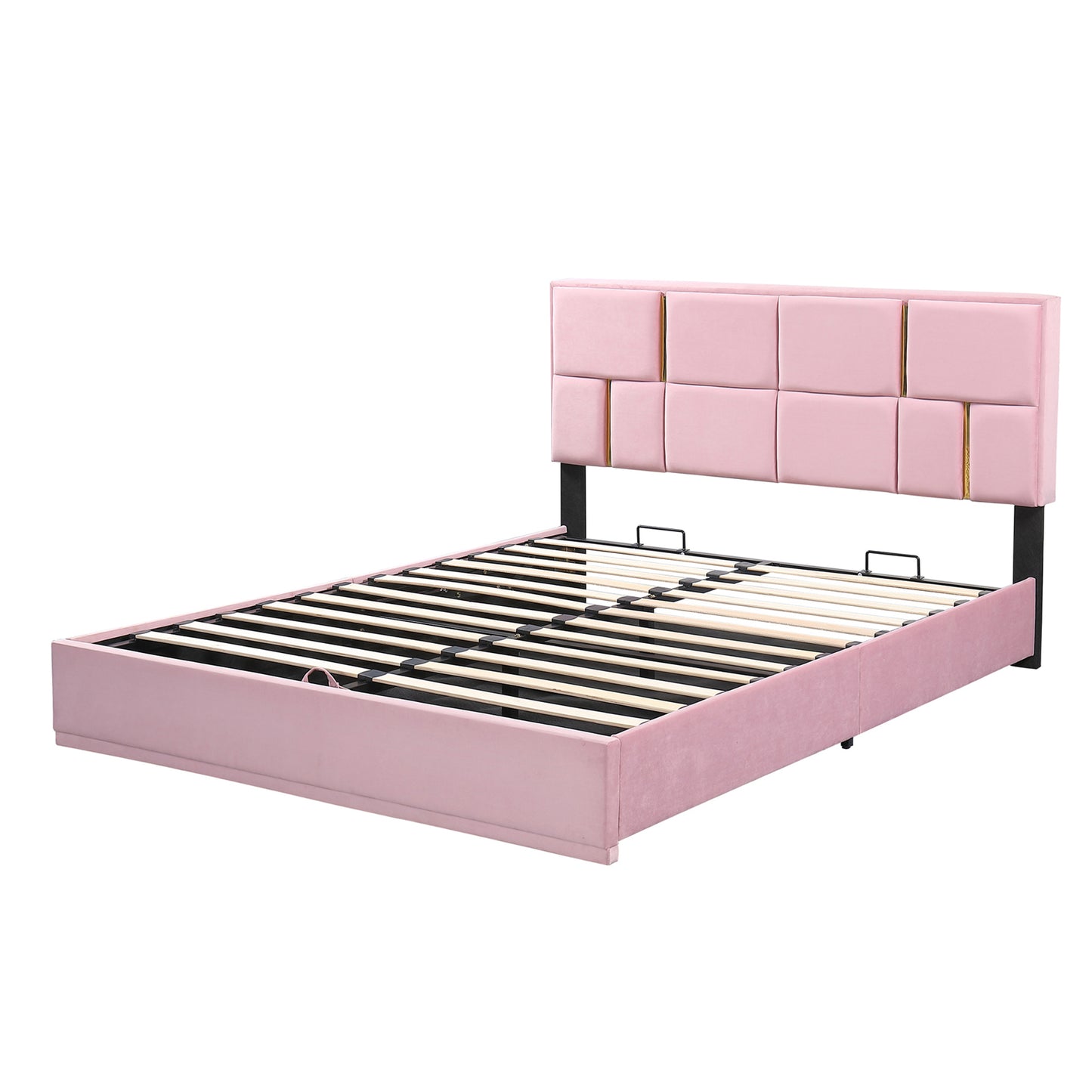 Queen Size Upholstered Platform Bed with Hydraulic Storage System,No Box Spring Needed,Pink