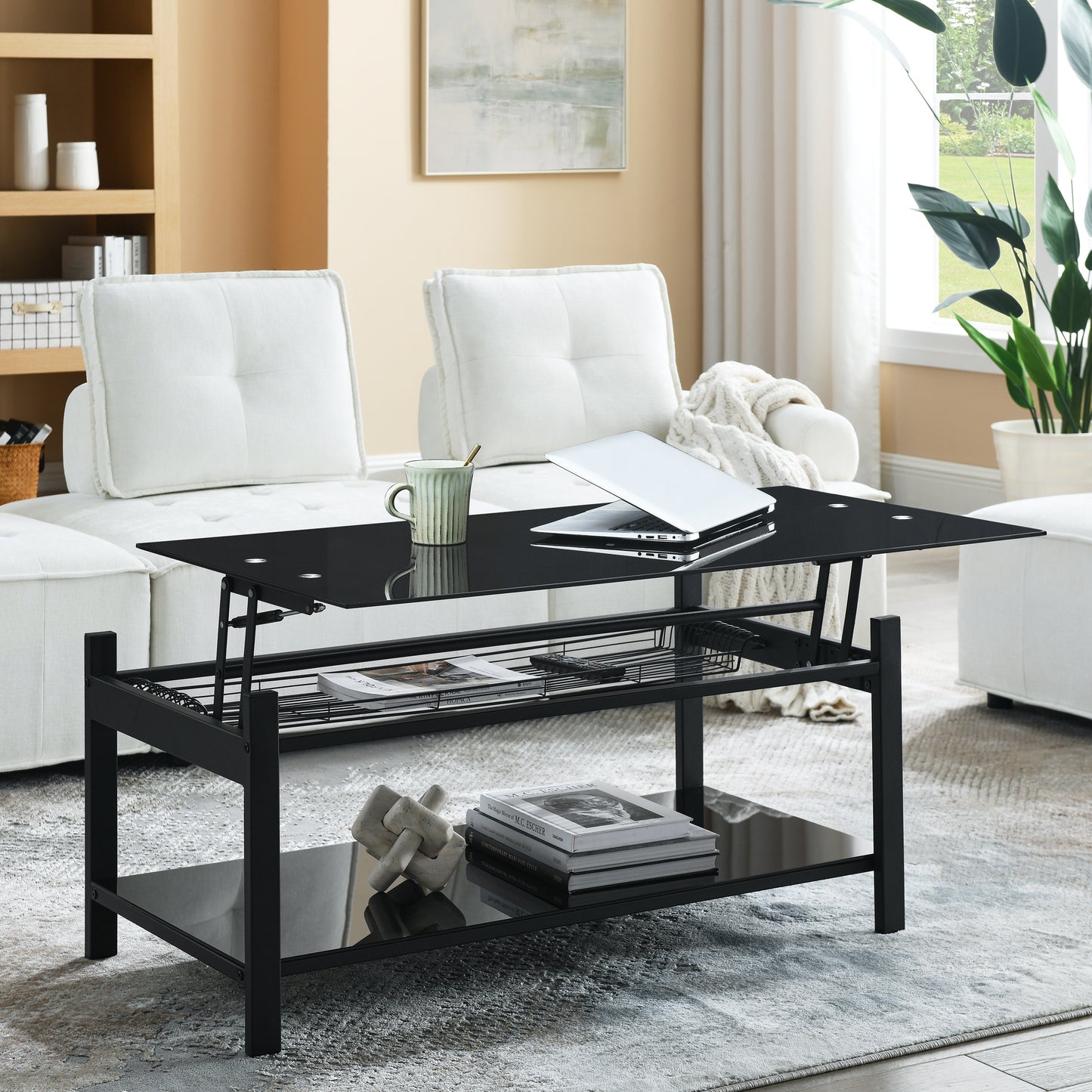 Black Lift Coffee Table with Hidden Storage Shelves and Tempered Glass Top Dining Table