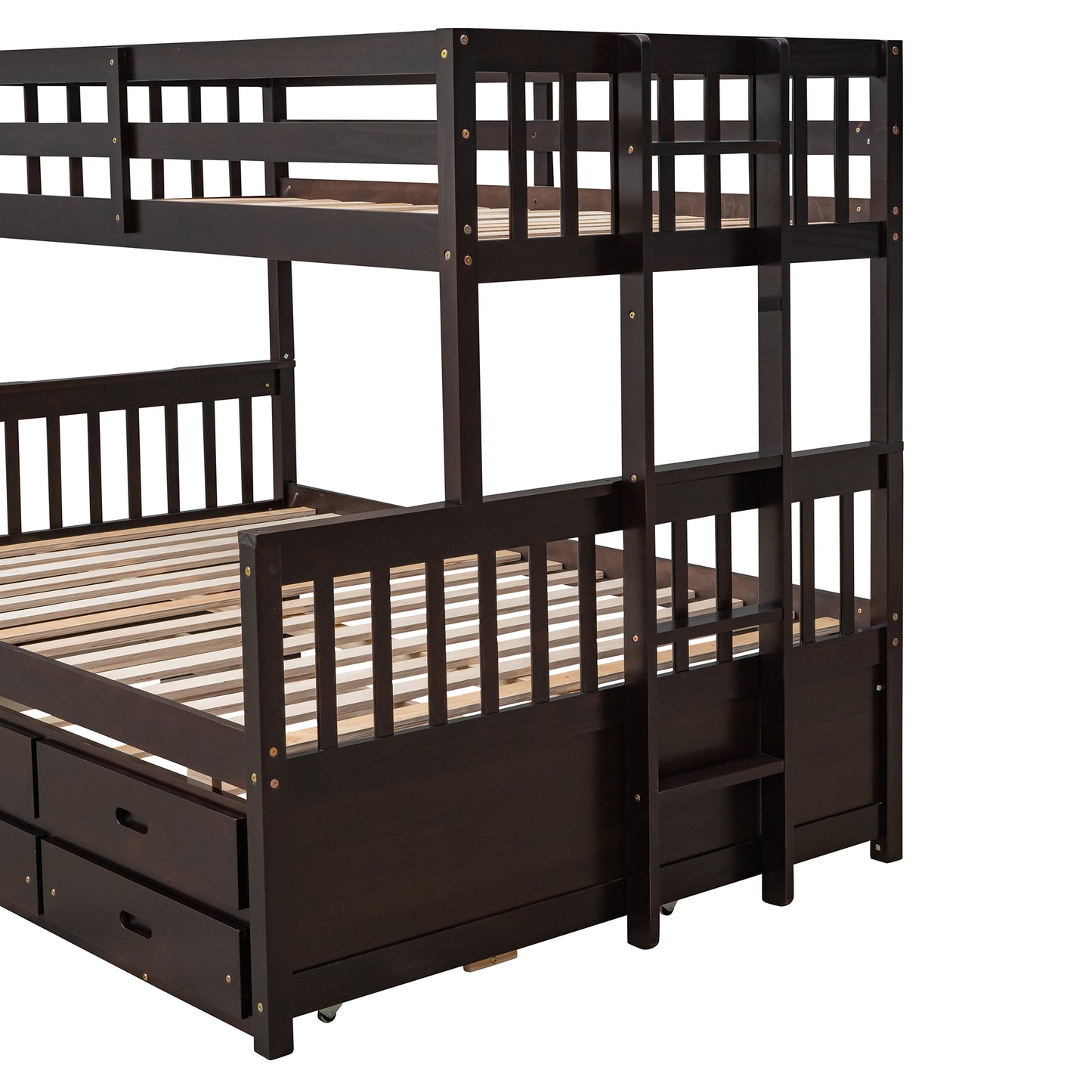 Rustic Three-Bedroom Bunk Bed with Trundle and Drawers - Espresso