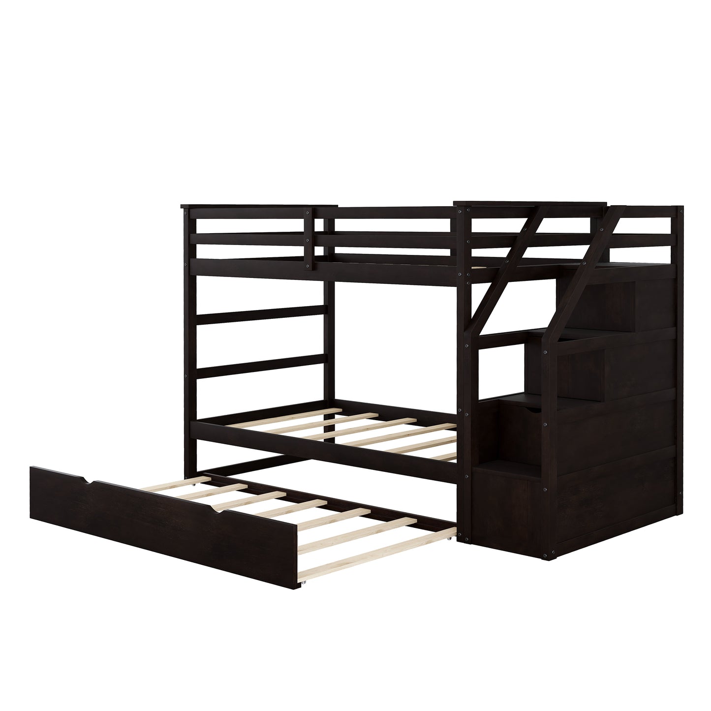 Elegantly Functional Espresso Twin Bunk Bed with Trundle, Stairs, and Storage