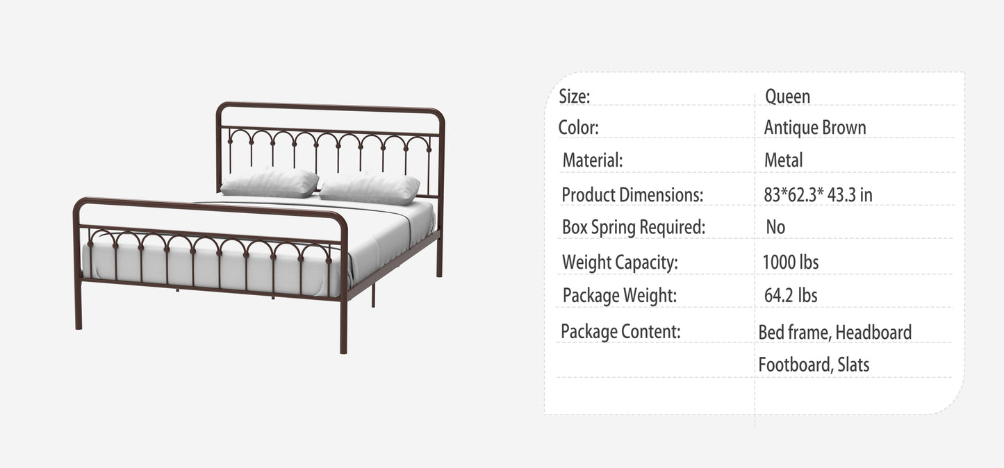 Tara Metal Bed Queen, Antique Brown