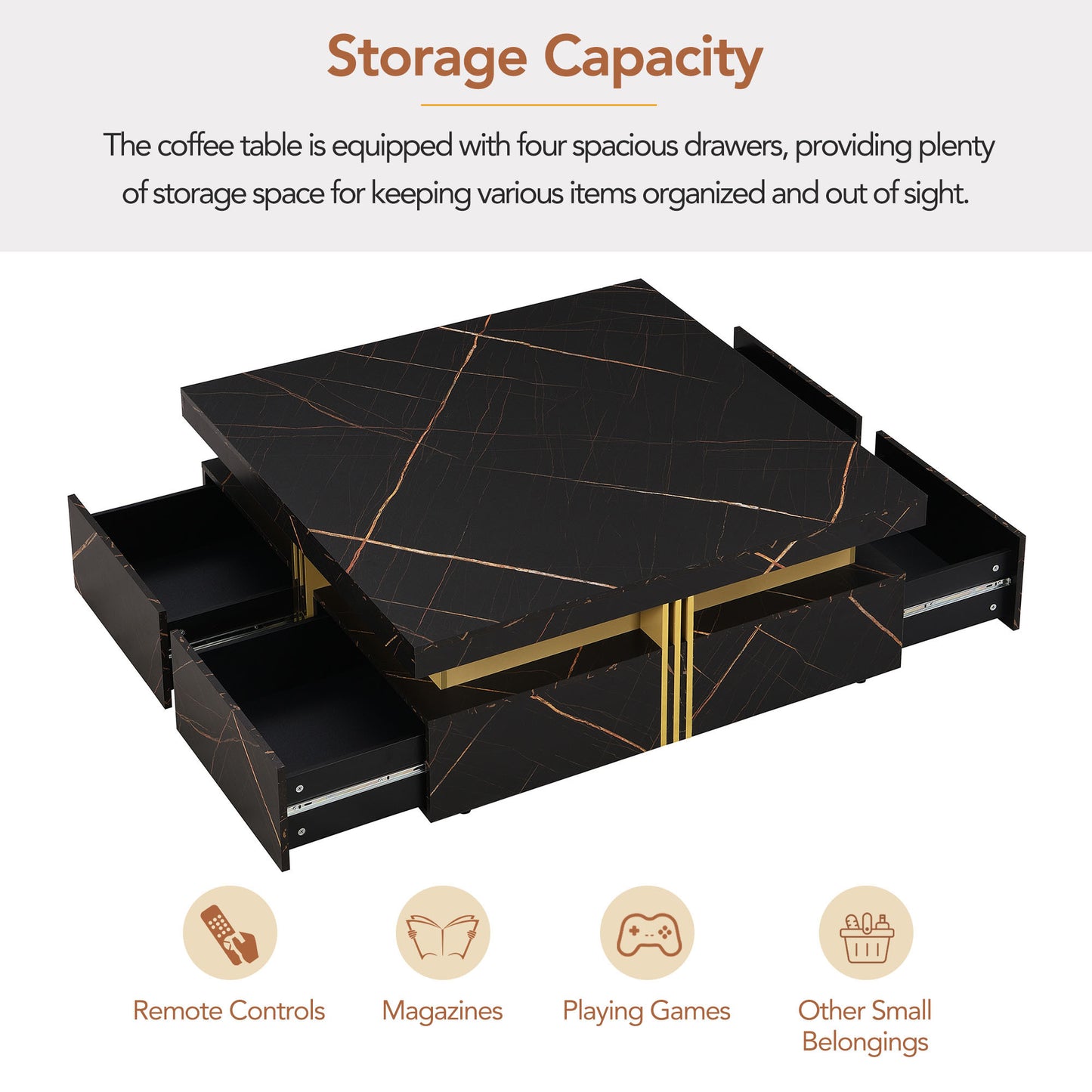 Contemporary Square Black Coffee Table with Gold Accents and Storage Drawers