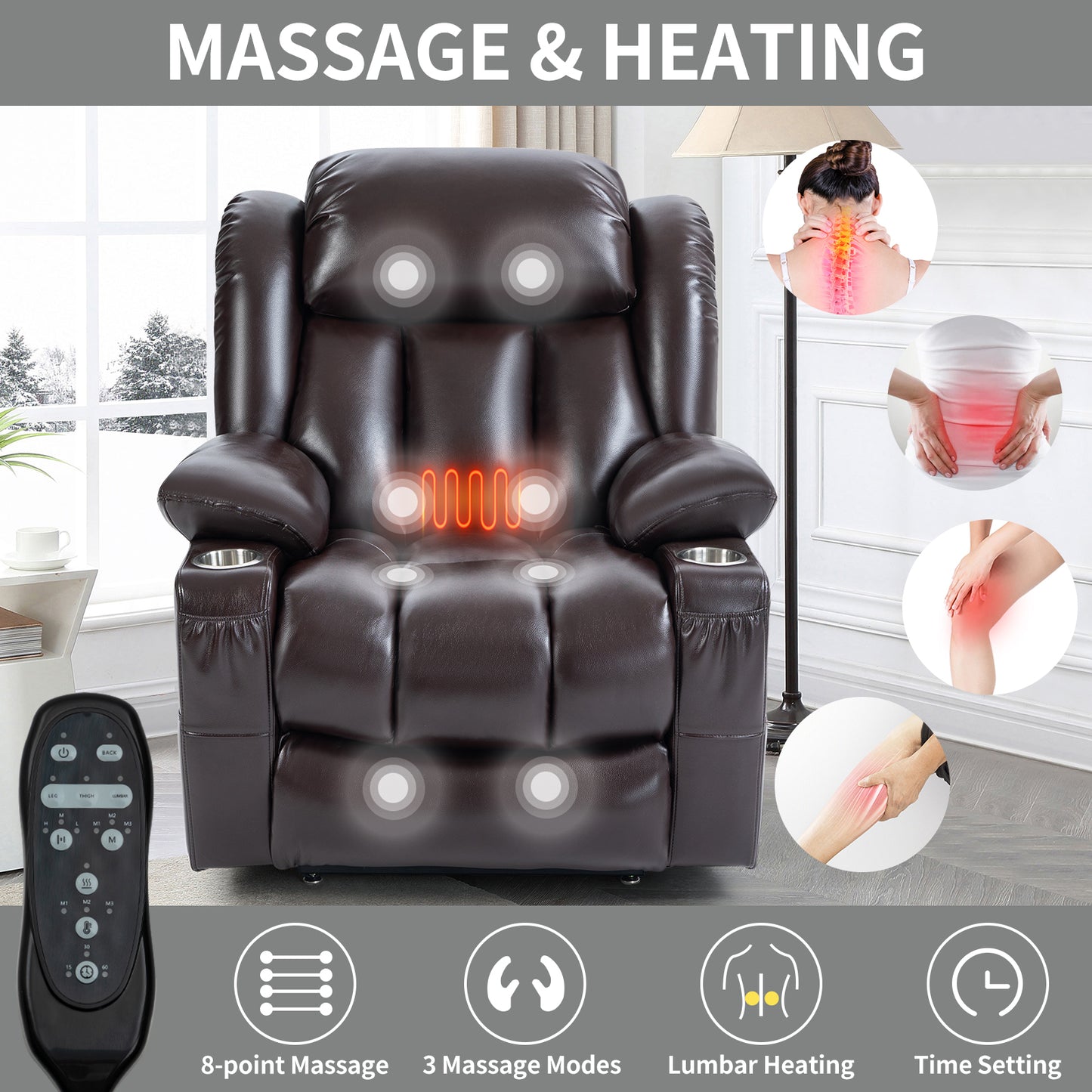 Brown Leatheraire Power Lift Recliner Chair with Dual Motor & Massage Functions