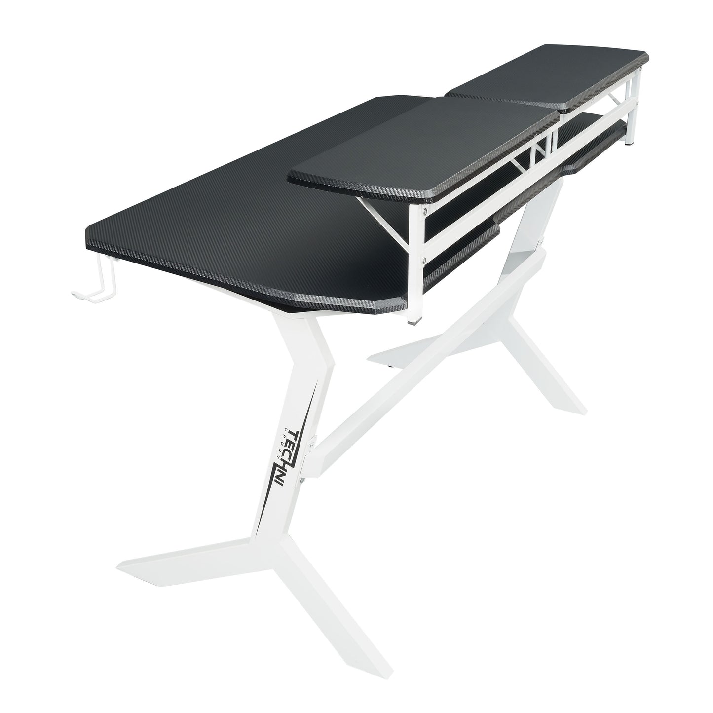 Tech-inspired White Stryker Gaming Desk with Dual Monitor Shelves, White