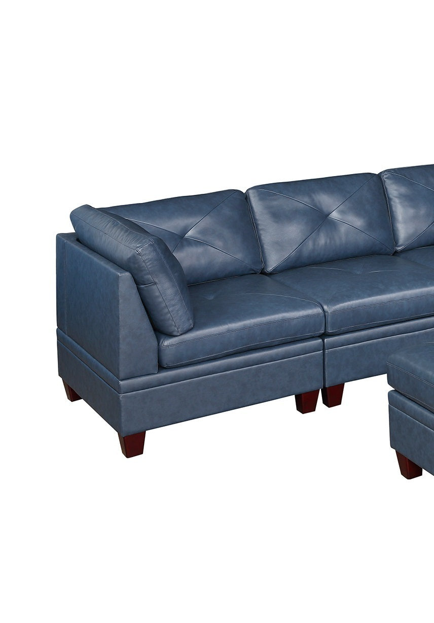 Luxurious Genuine Leather Ink Blue Modular Living Room Sofa Set with Tufted Design