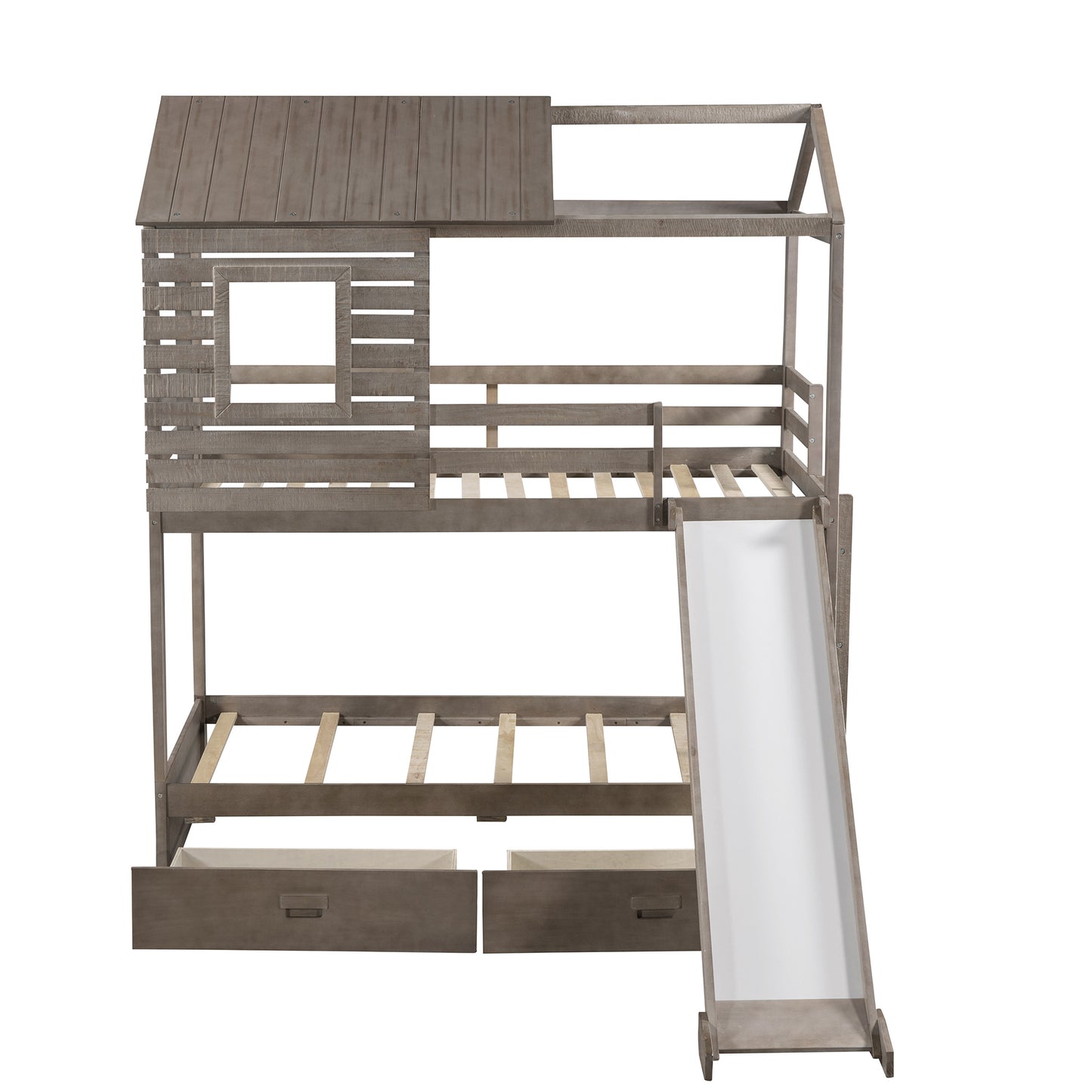 House-Shaped Twin Over Twin Bunk Bed with Slide, Storage Drawers, and Antique Gray Wood Finish