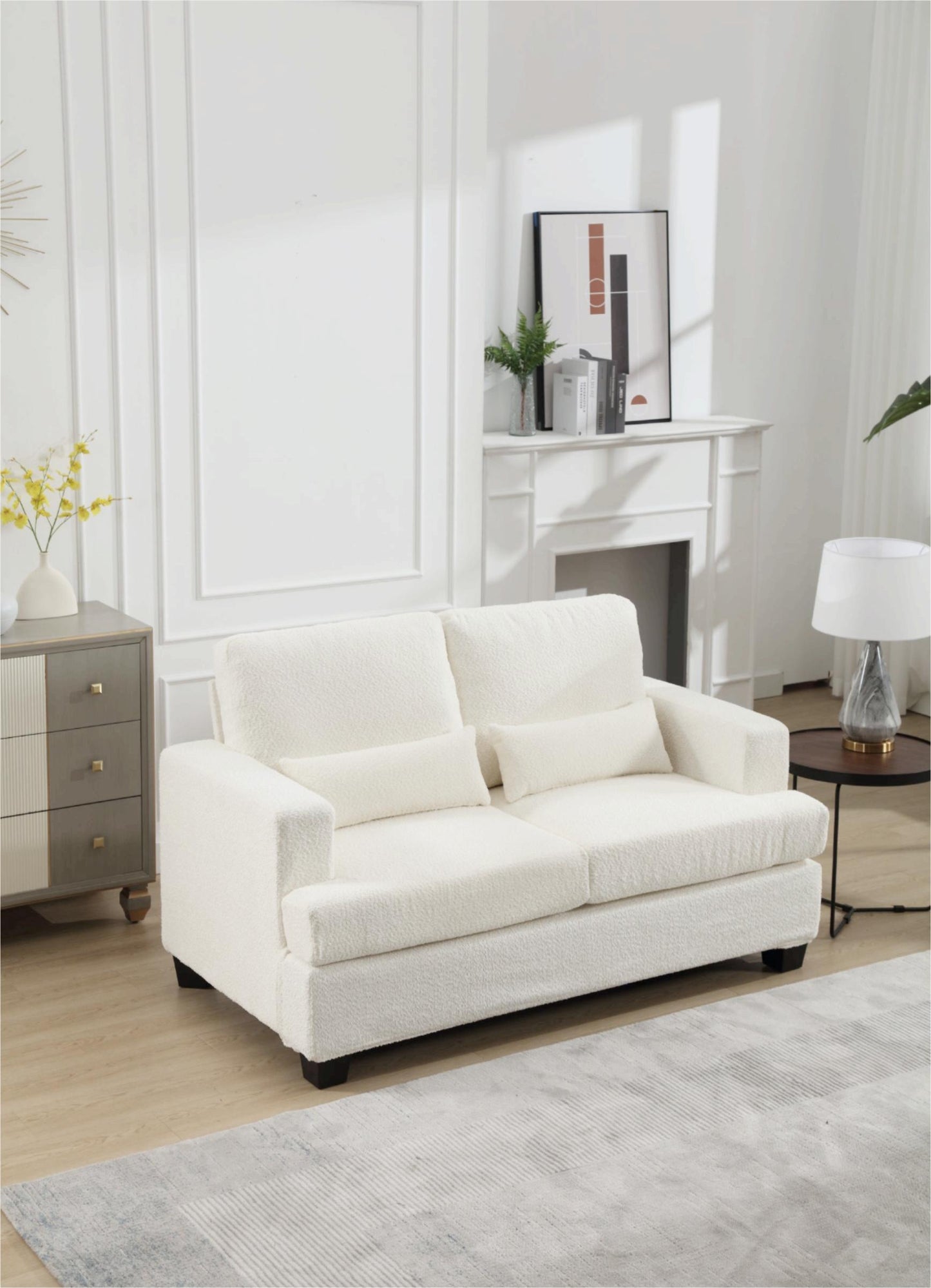 Modern 63 Loveseat for Living Room with Square Armrest and Removable Cushion Set (White & Gray Fabric)