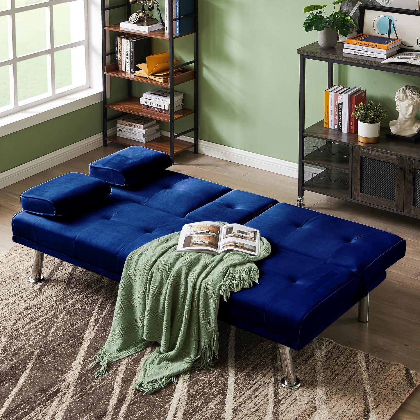 Velvet Upholstered Modern Convertible Folding Futon Sofa Bed Removable Armrests, Metal Feet with 2 Cup Holders