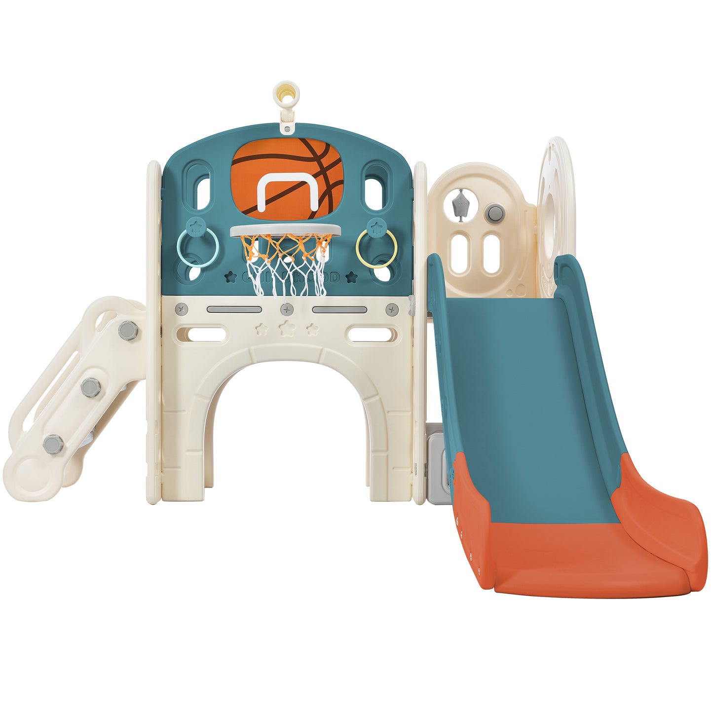 Kids Slide Playset Structure, Freestanding Castle Climbing Crawling Playhouse with Slide, Arch Tunnel, Ring Toss, and Basketball Hoop, Toy Storage Organizer for Toddlers, Kids Climbers Playground