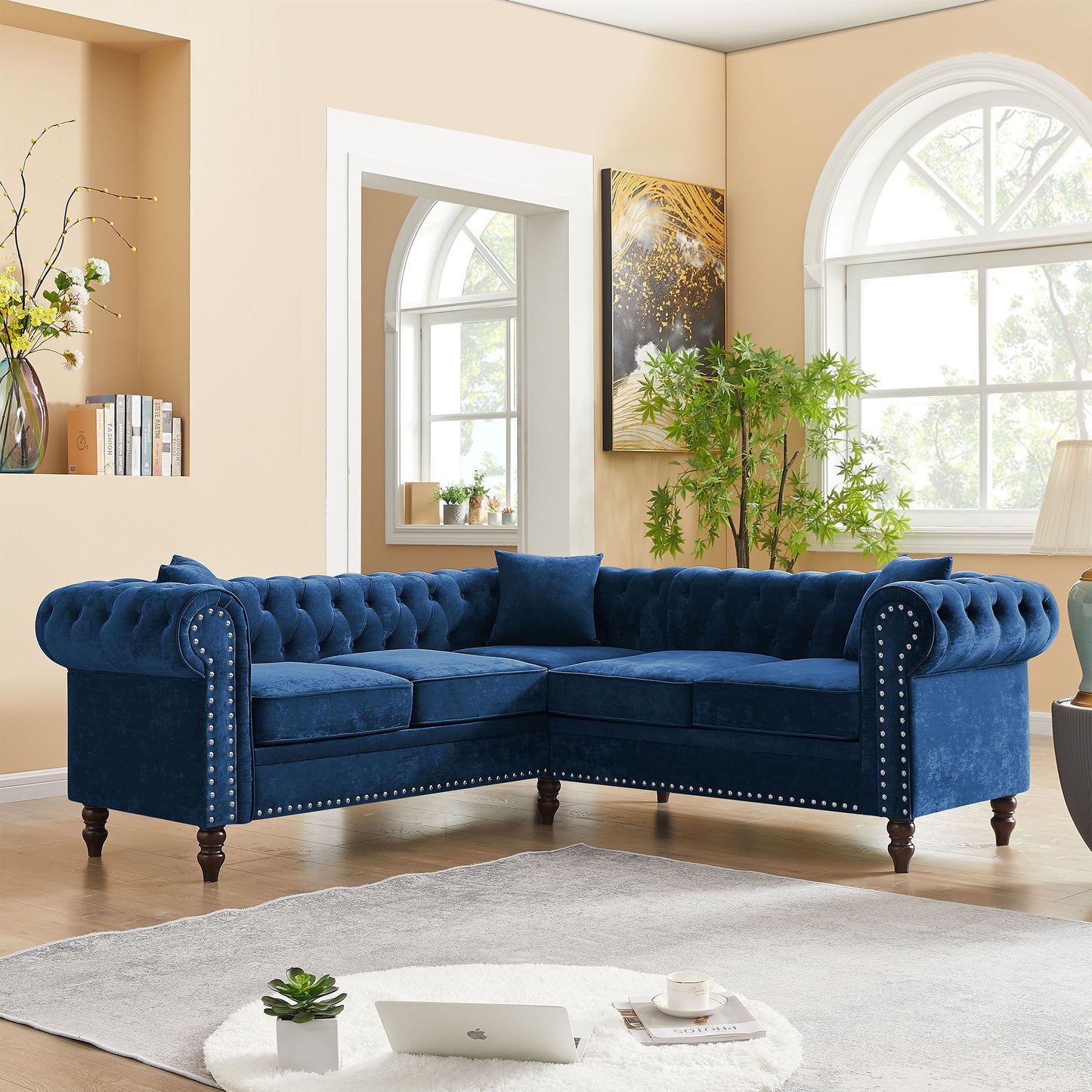 Luxurious Blue Velvet L-shaped Chesterfield Sofa with Deep Button Tufting