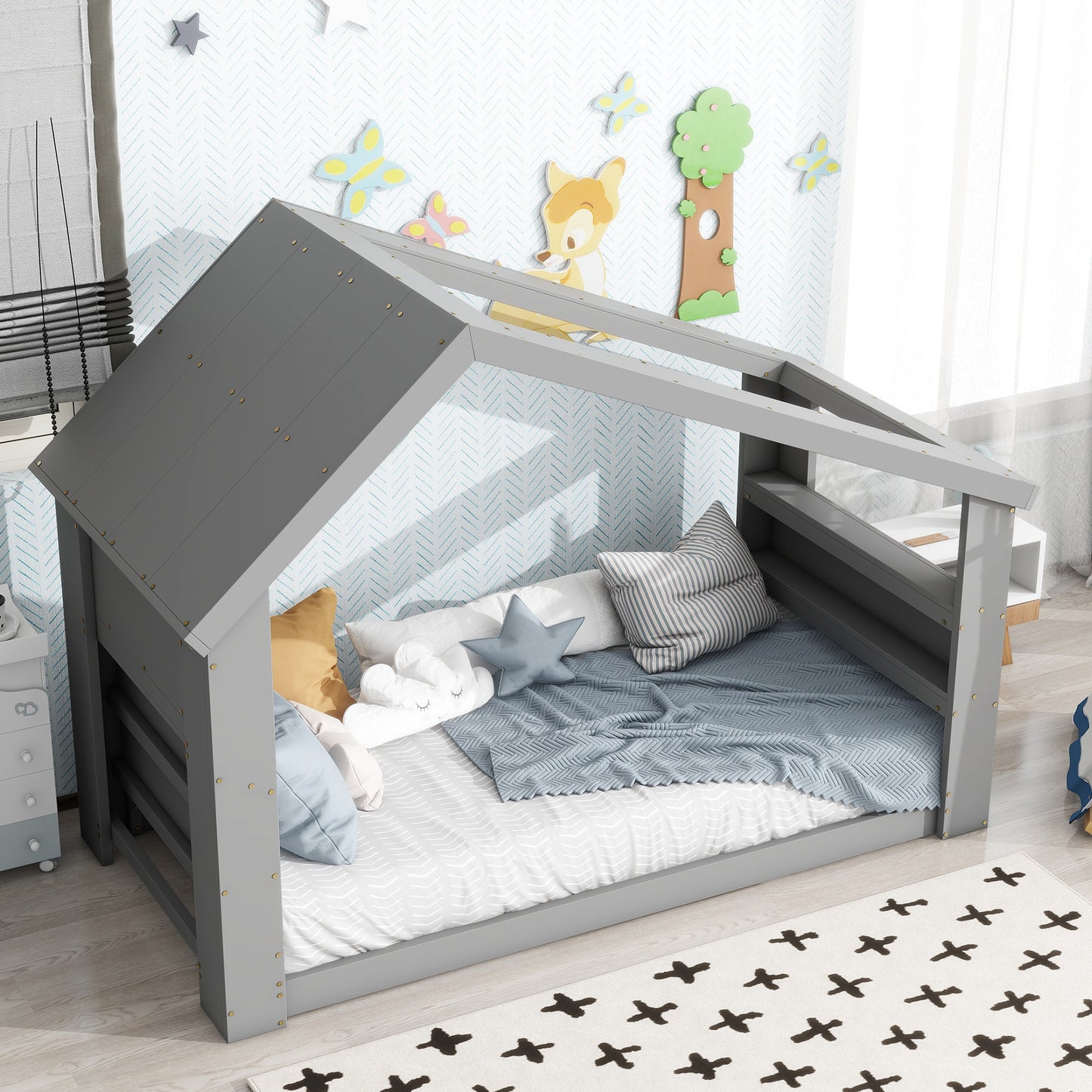 Twin House Floor Bed with Roof Window, LED Light,Grey