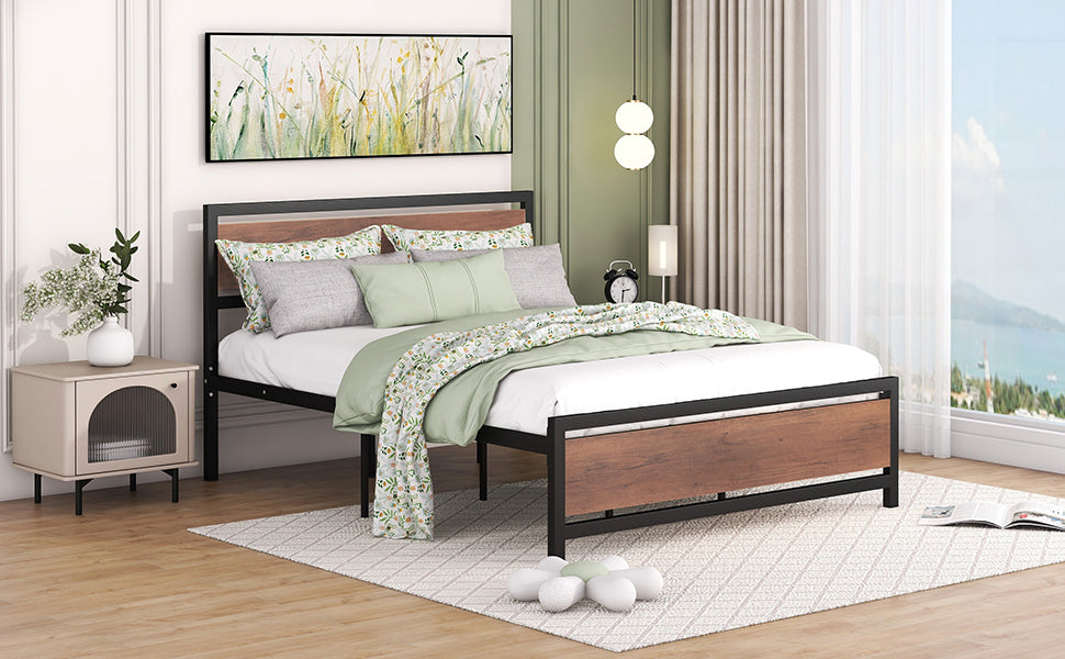 Queen Size Platform Bed, Metal and Wood Bed Frame with Headboard and Footboard , Black