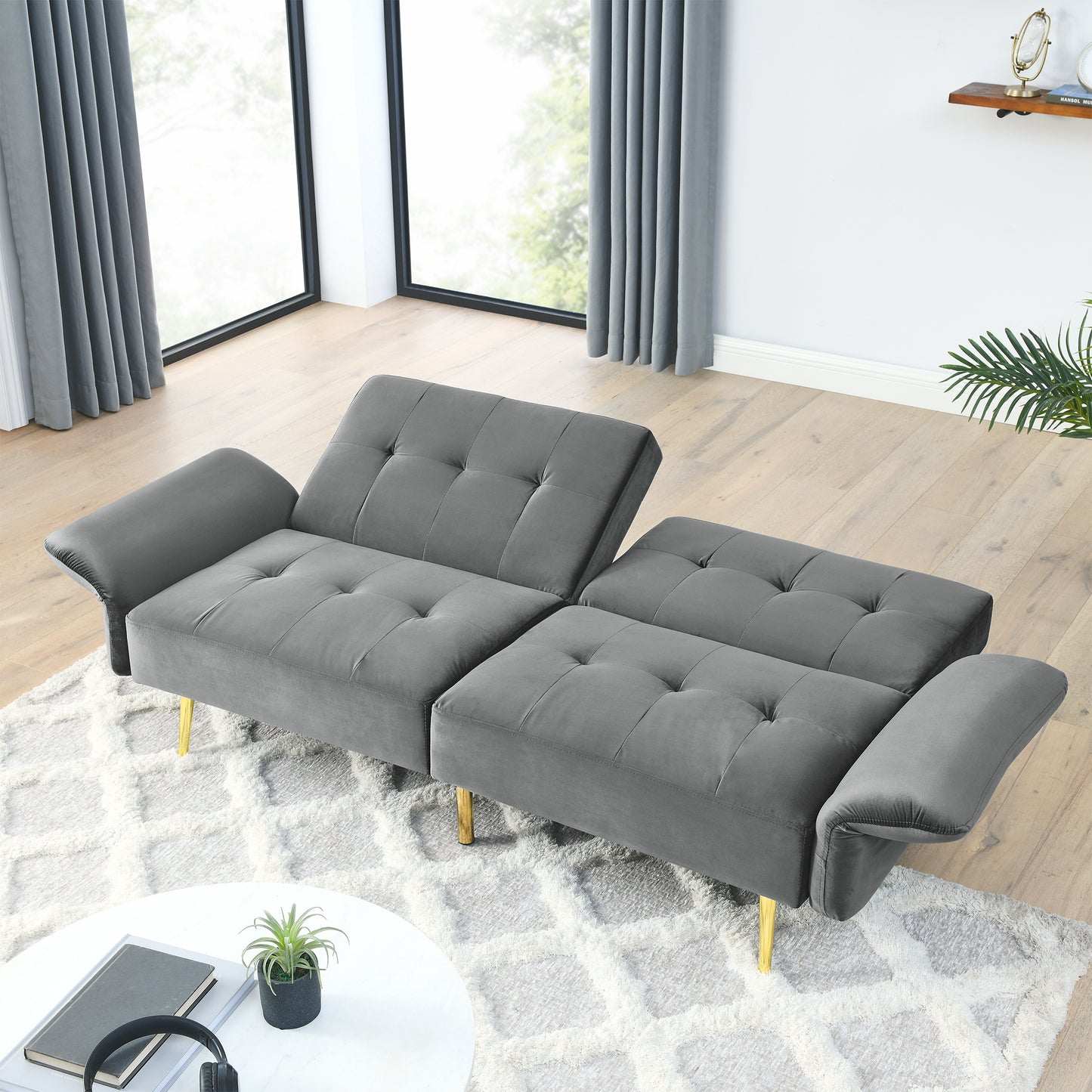 Italian Velvet Futon Sofa Bed with Folded Armrests, Storage, and 280g Velvet - Grey