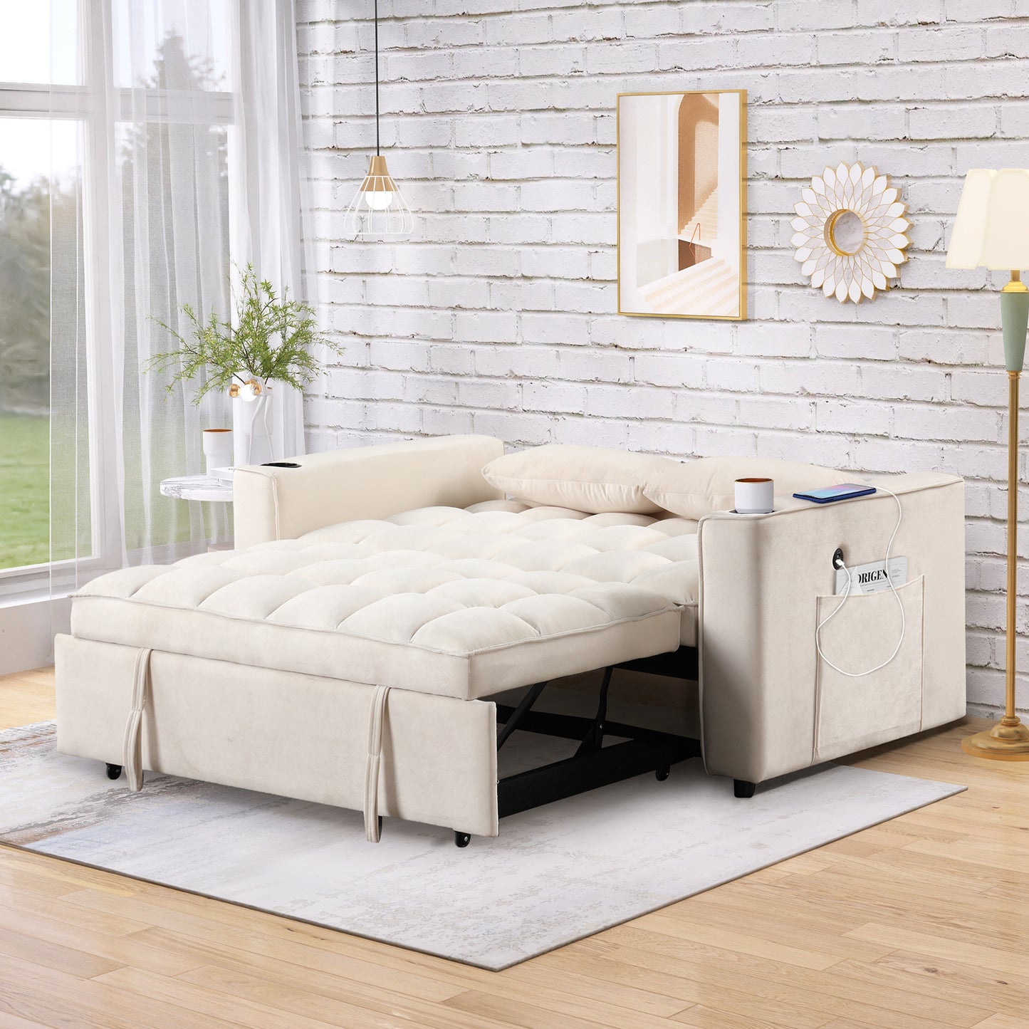 55.3 Multi-functional Sofa Bed with Cup Holder and USB Port for Living Room in Milky White