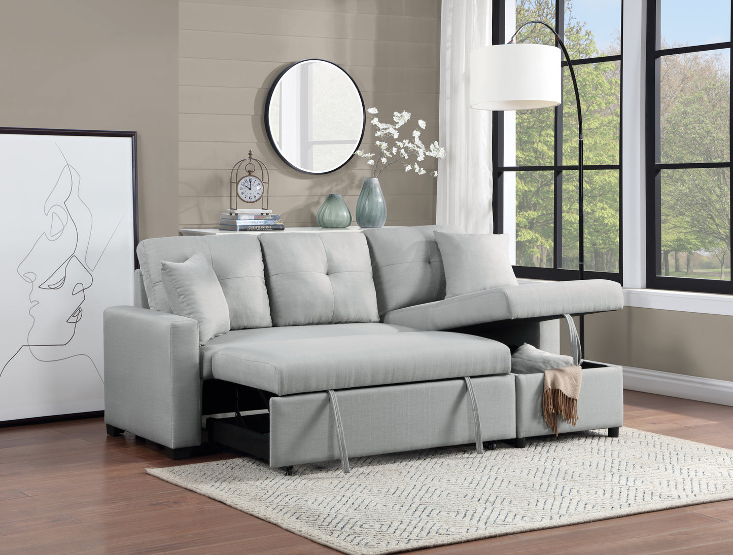 Gray Linen Reversible Sleeper Sectional Sofa with Storage Chaise and Matching Throw Pillows