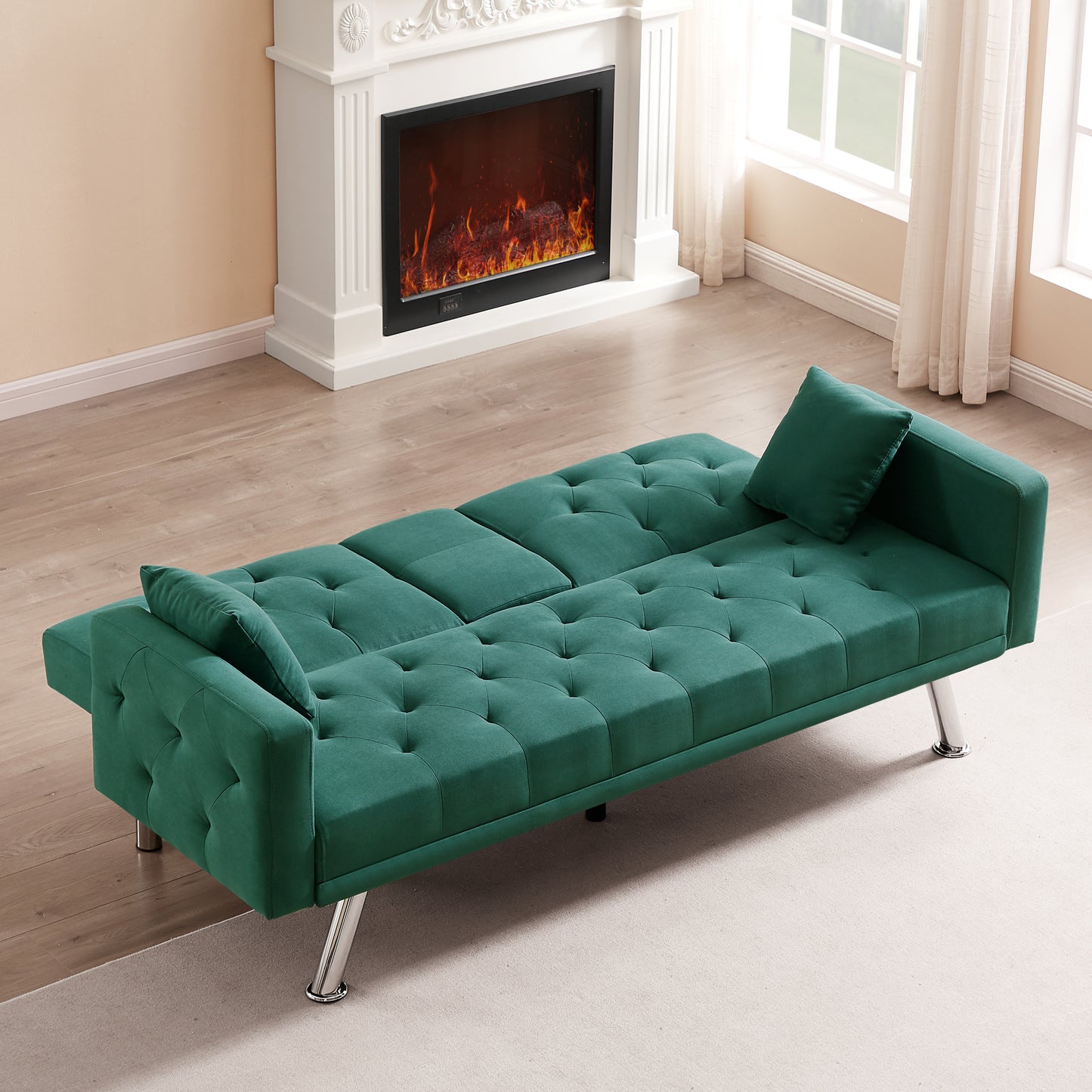 Square Arm Armrests, Dark Green Linen Convertible Sofa and Sofa Bed