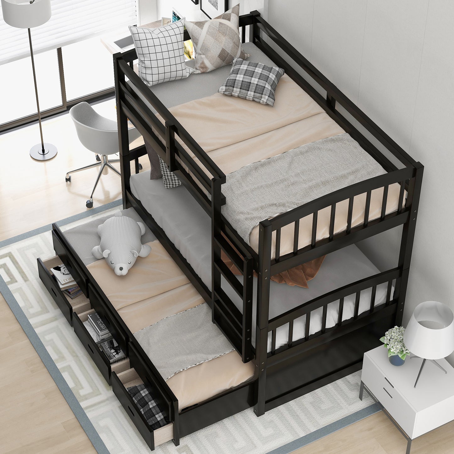 Espresso Twin Wood Bunk Bed with Trundle, Drawers, and Staircase