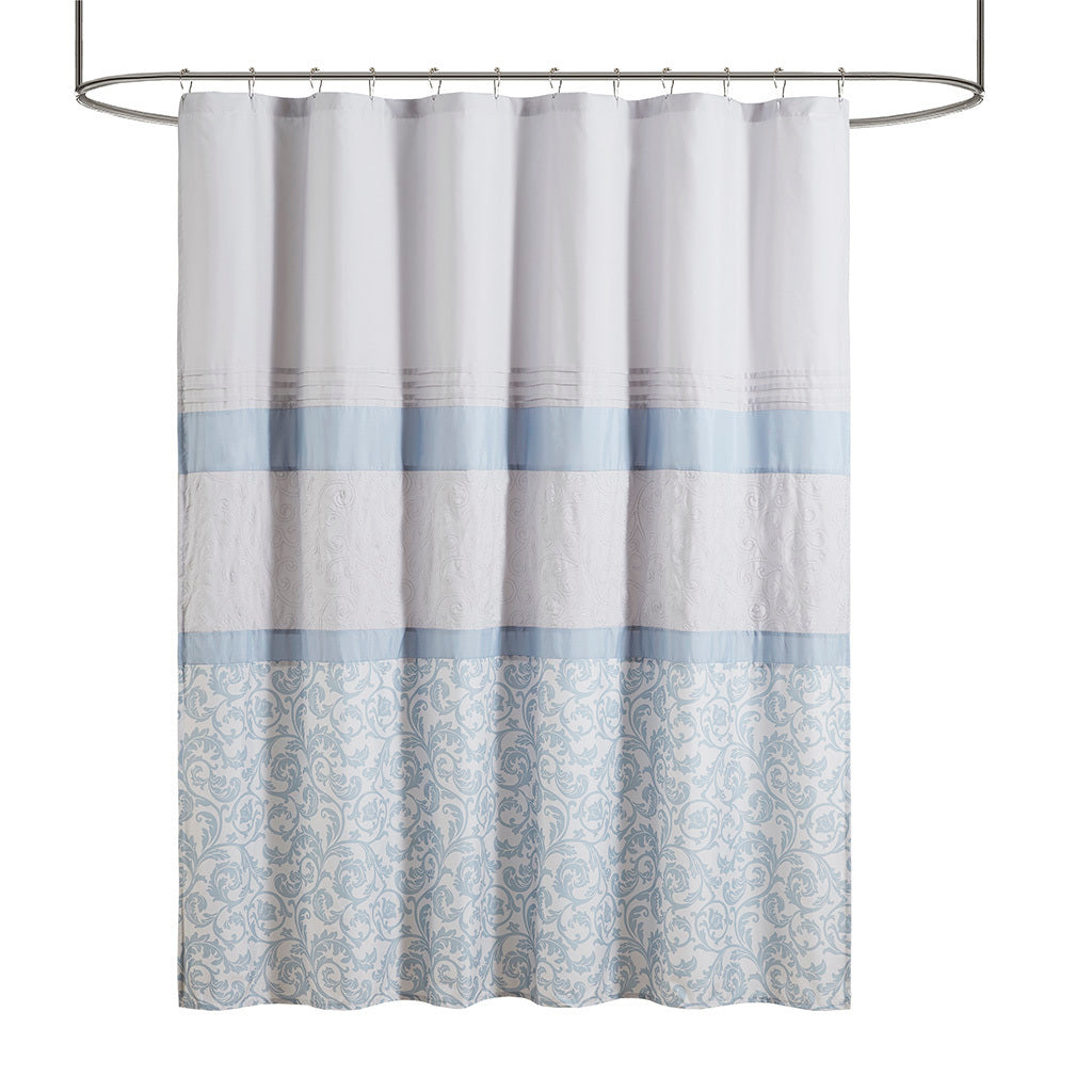 Ramsey Blue Printed and Embroidered Bathroom Shower Curtain