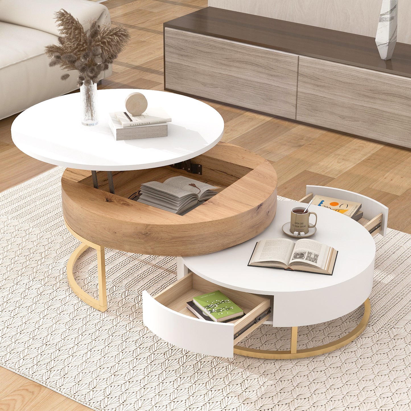 Elegant Lift-Top Coffee Tables Set with Drawers - White & Natural