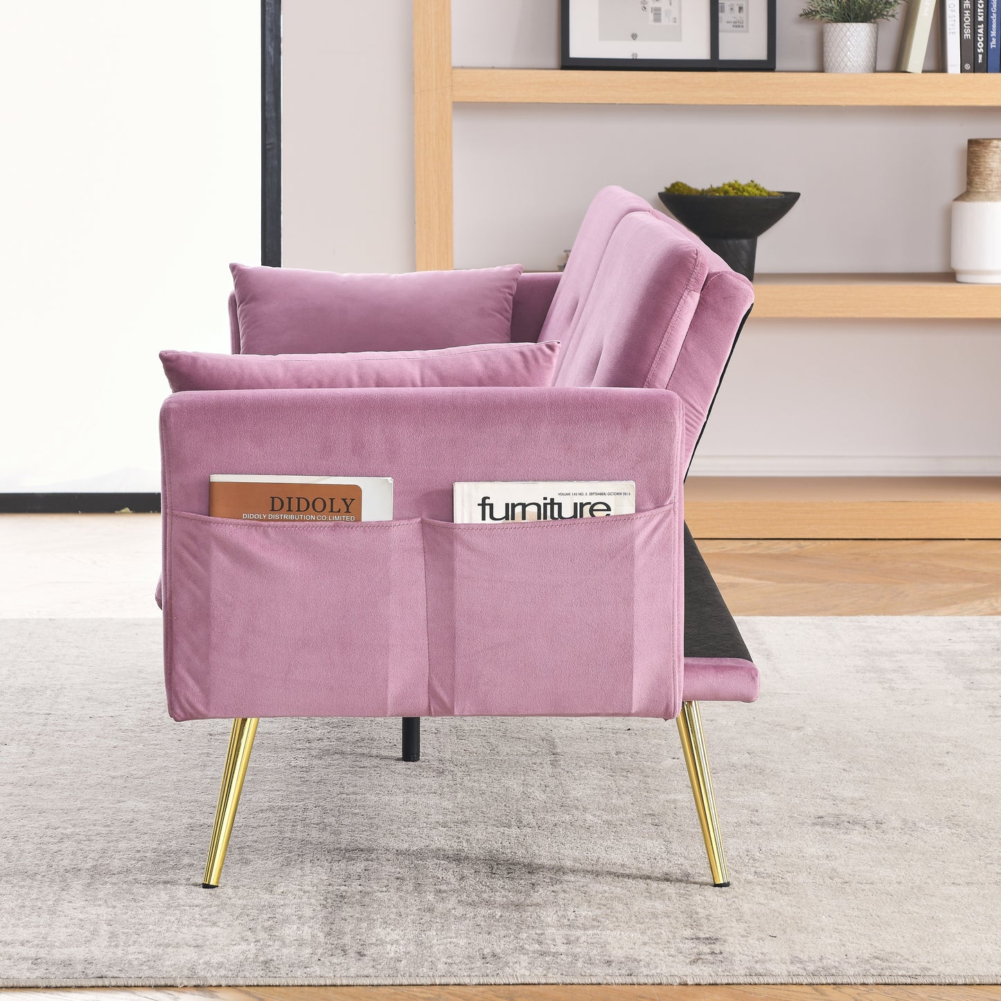 72.5 Pink Velvet Convertible Sofa Bed with Adjustable Backrest