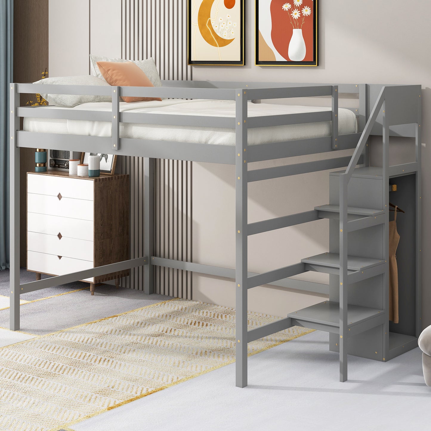 Full Size Loft Bed with Built-in Storage Wardrobe and Staircase, Gray