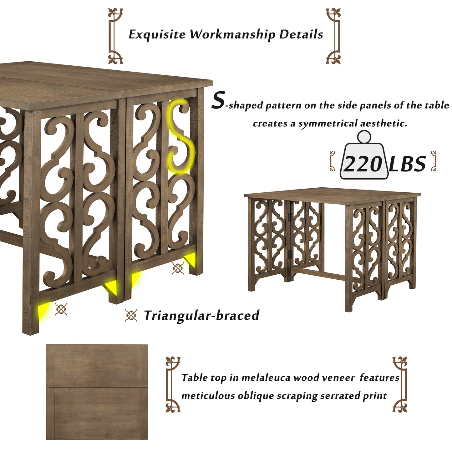 TREXM 3-Piece Retro Dining Set Solid Wood Counter Height Pub Set Foldable Table with 2 Saddle Stools for Kitchen, Small Space (Distressed Brown)