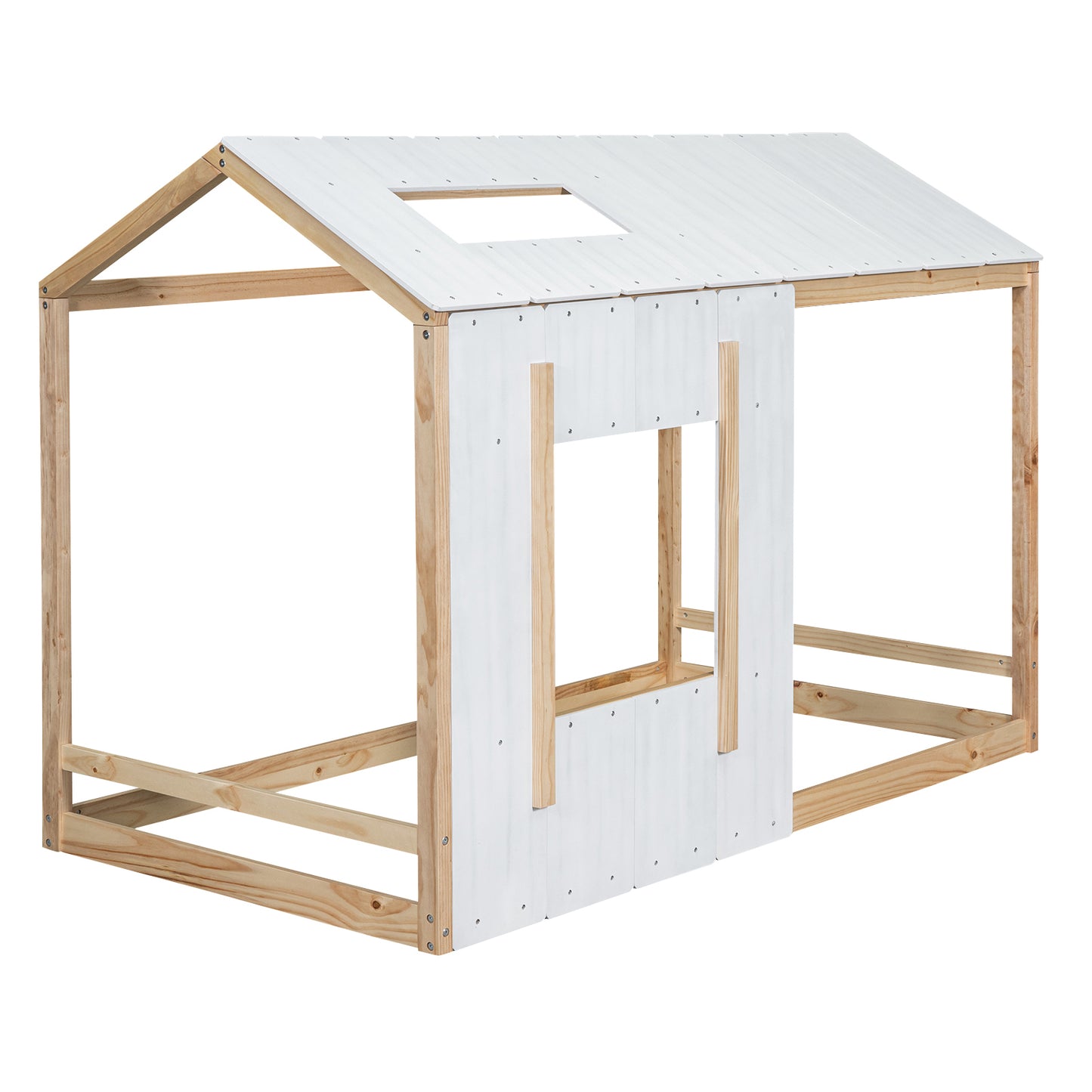 Twin Size House Platform with Roof and Window , White+Natural