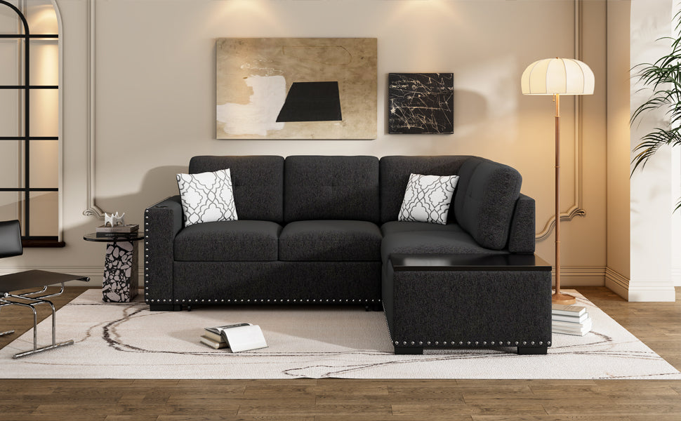 83.8 L-Shaped Reversible Sectional Sleeper Sofa with Cup Holder and USB Ports, Black