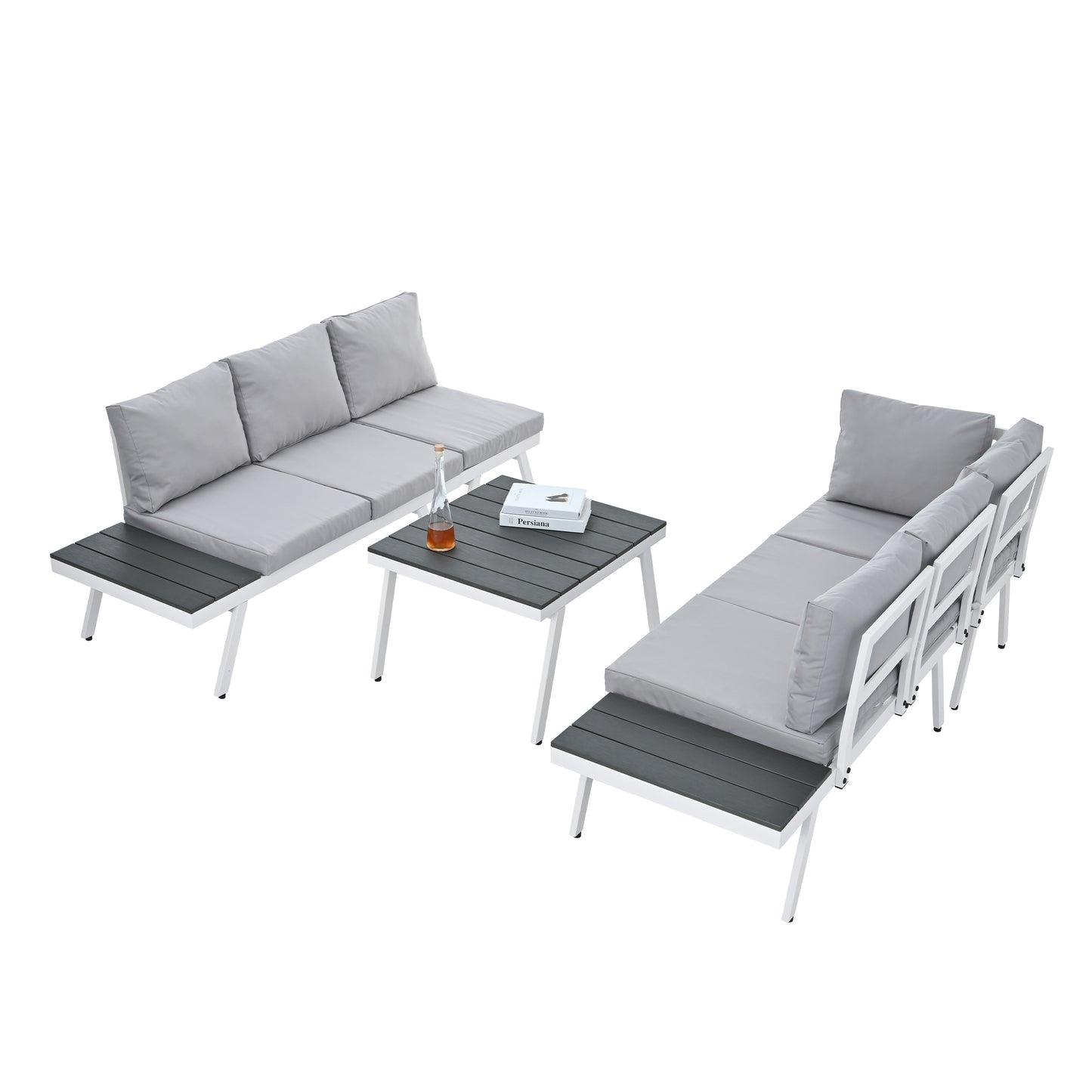 Aluminum Outdoor Patio Furniture Set with End Tables and Coffee Table, White and Grey Sectional Sofa Set