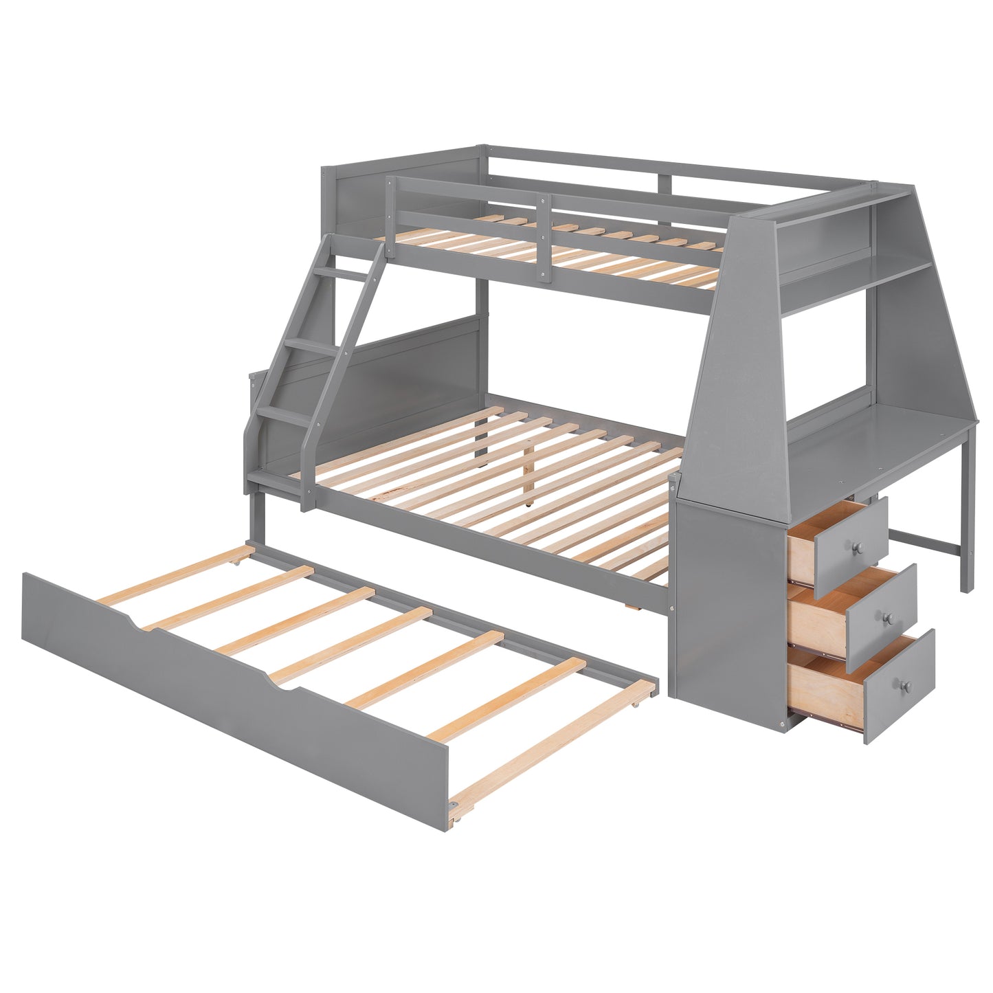 Enhanced Gray Twin over Full Bunk Bed with Trundle, Desk, and Storage