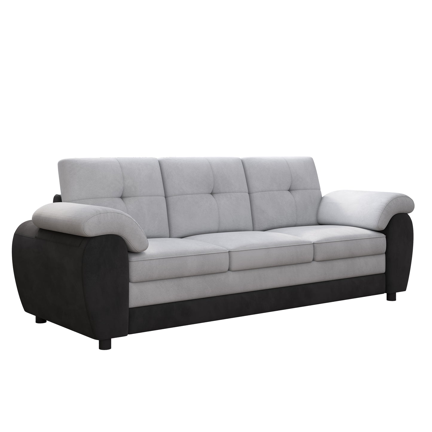 81.9 Inch Large Three-Seat Sofa, Modern Upholstered in Black Leather and Light Gray Velvet