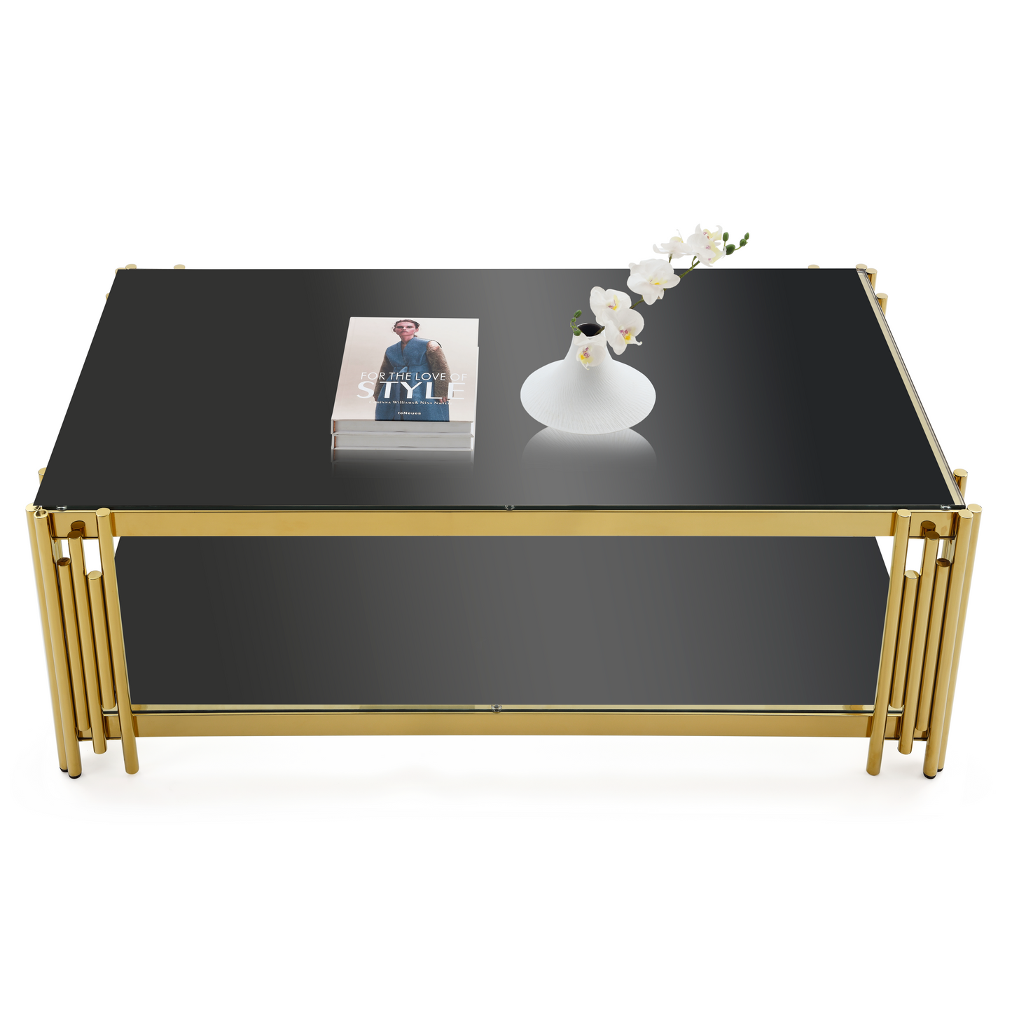 48-Inch Wide Golden Stainless Steel Coffee Table with Double-Layer Black Tempered Glass Top