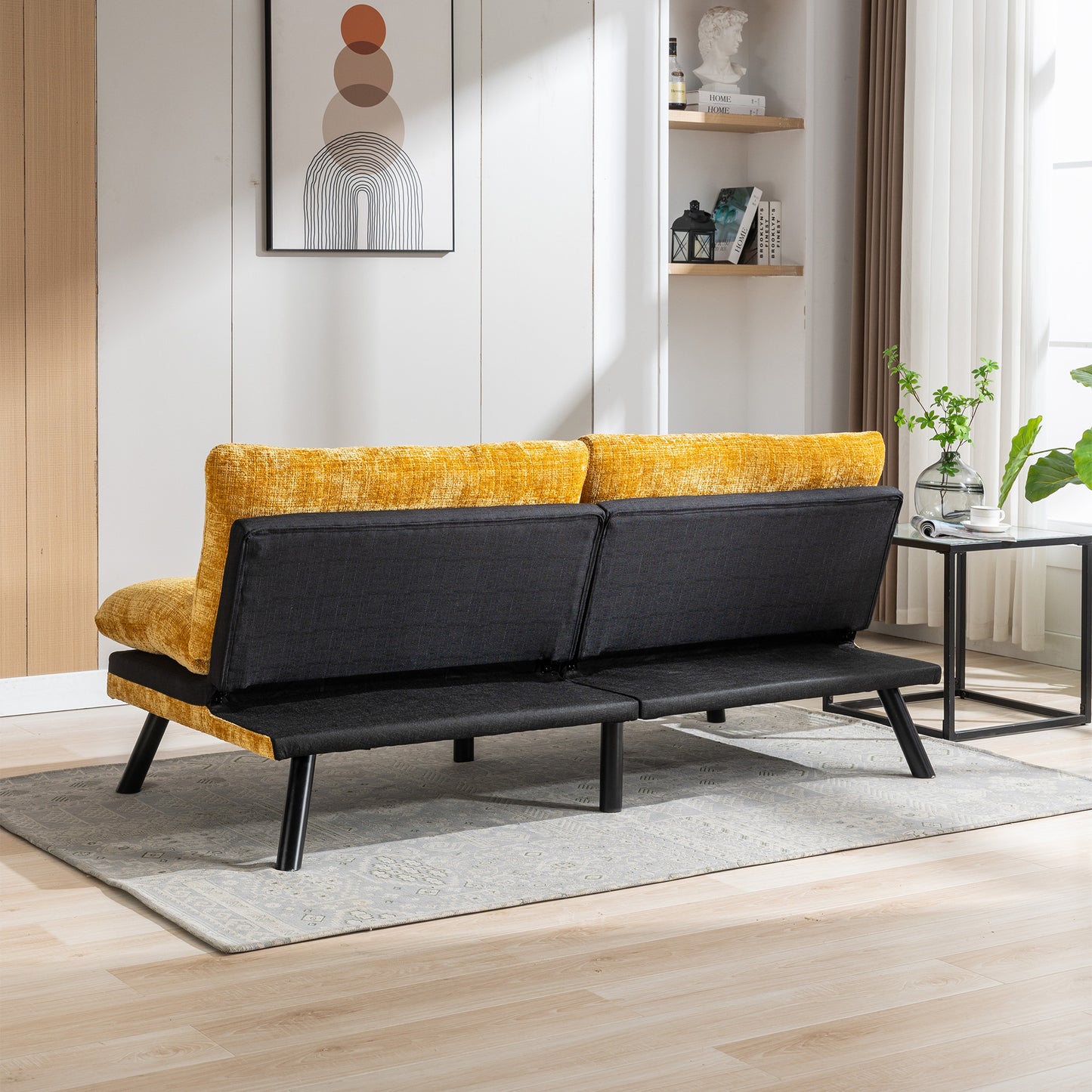 Convertible Sofa Bed  Loveseat Futon Bed Breathable Adjustable Lounge Couch with Metal Legs,Futon Sets for Compact Living Space  Chenille-Yellow