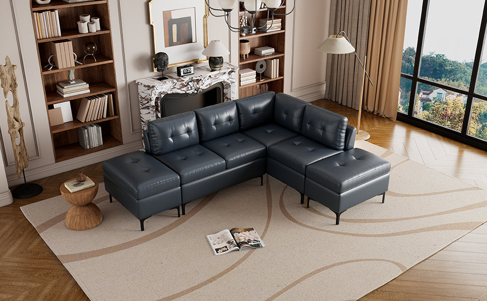 Blue L-Shaped Sectional Sofa Set with Movable Storage Ottomans