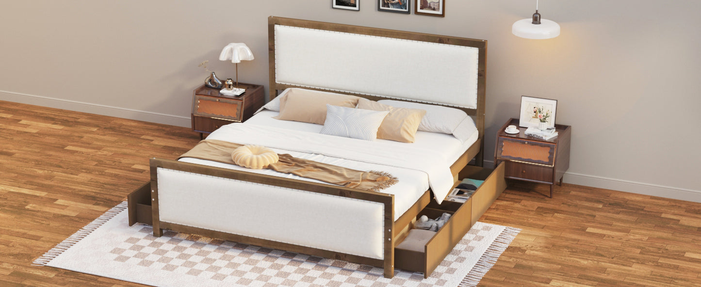 Queen Size Upholstered Platform Bed with Wood Frame and 4 Drawers, Natural Wooden+Beige Fabric