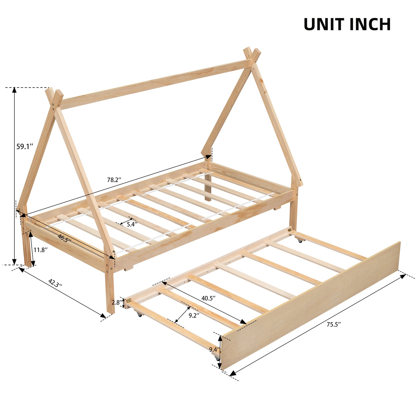 Twin size Tent Floor Bed, Teepee Bed, with Trundle,Natural