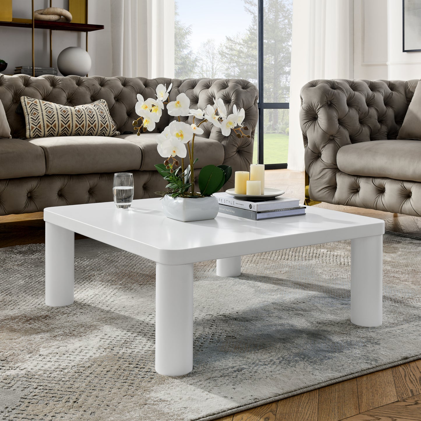 Cream White Square Coffee Table with Rounded Corner Design