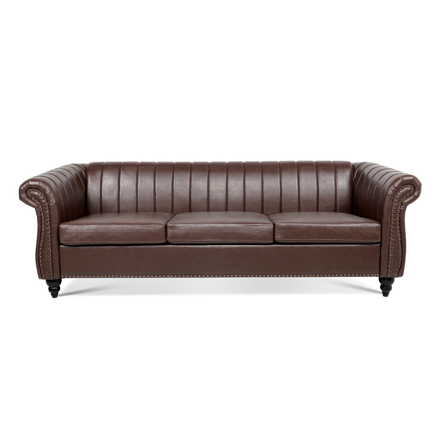 Luxurious Brown PU Rolled Arm Chesterfield Three Seater Sofa - 83.46''