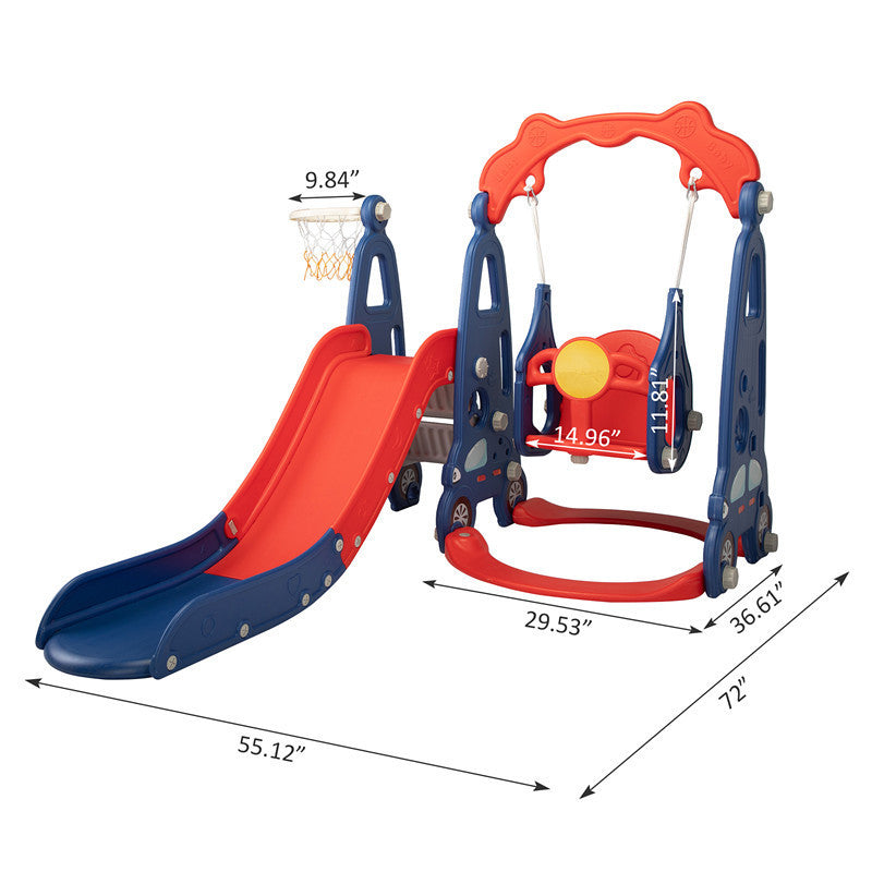 3-in-1 Slide and Swing Set with Basketball Hoop for Children 1-8 Years Old, Indoor/Outdoor, Red & Blue