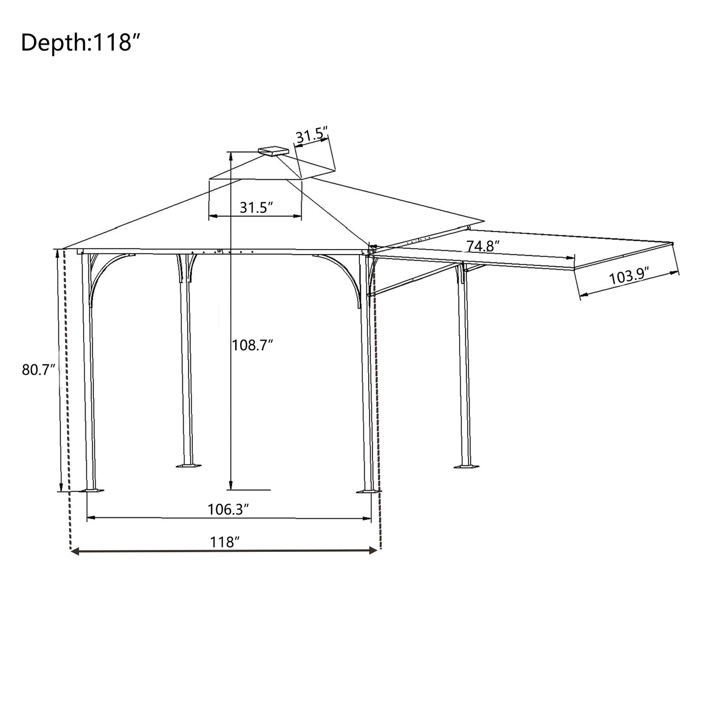 Patio 9.8ft.L x 9.8ft.W Gazebo with Extended Side Shed/Awning and LED Light for Backyard,Poolside, Deck, Brown